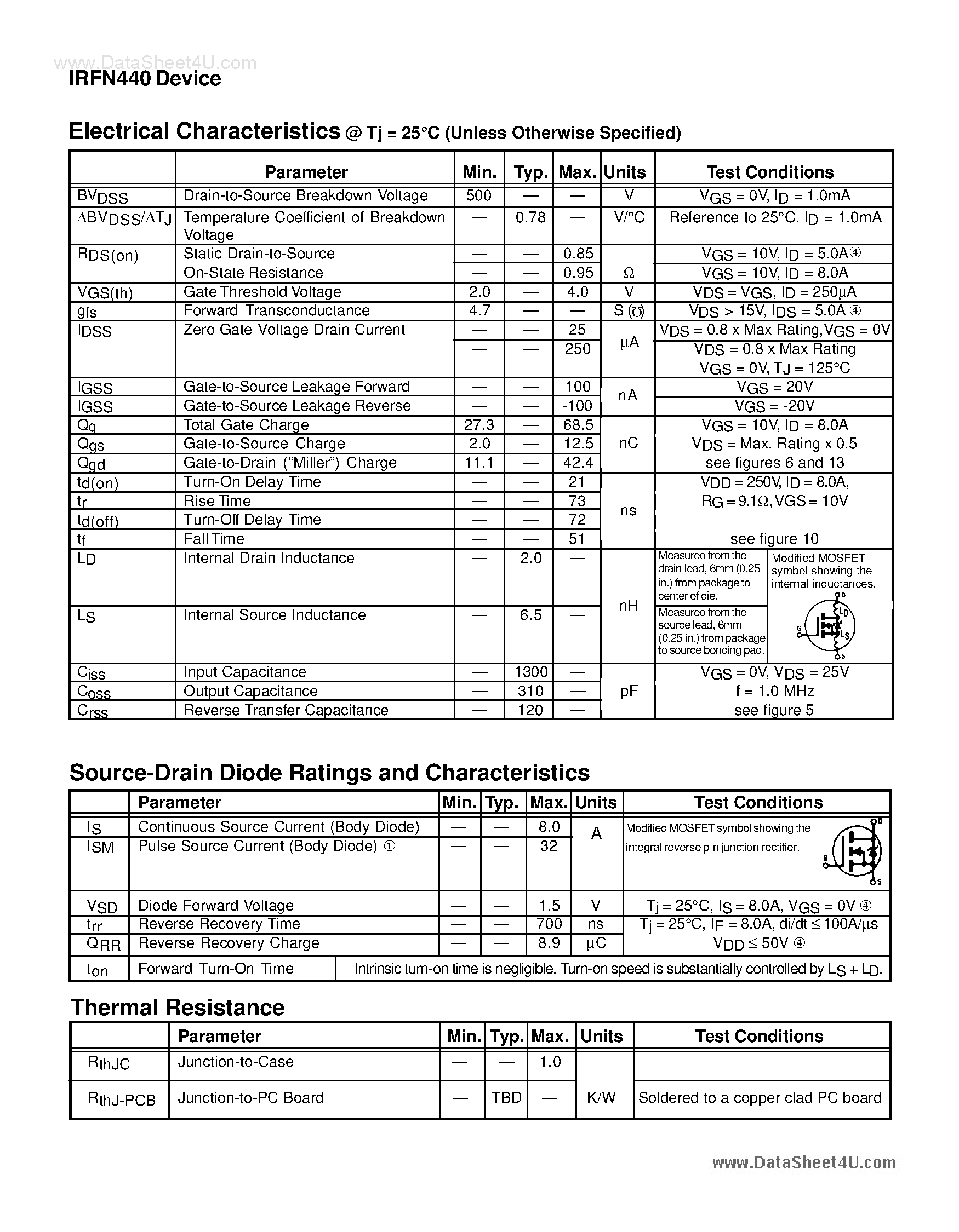 Datasheet IRFN440 - POWER MOSFET N-CHANNEL page 2