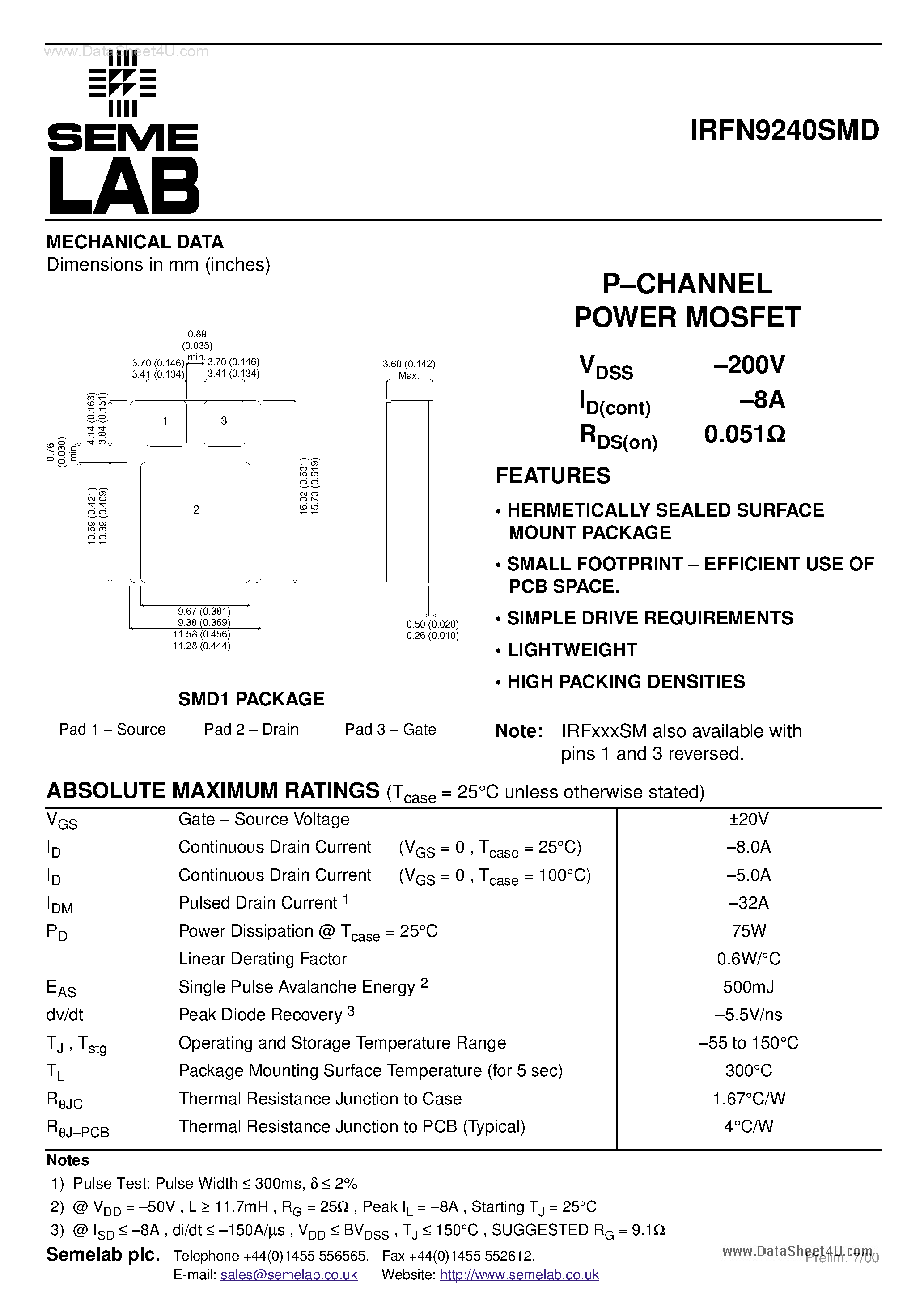 Datasheet IRFN9240SMD - P-CHANNEL POWER MOSFET page 1