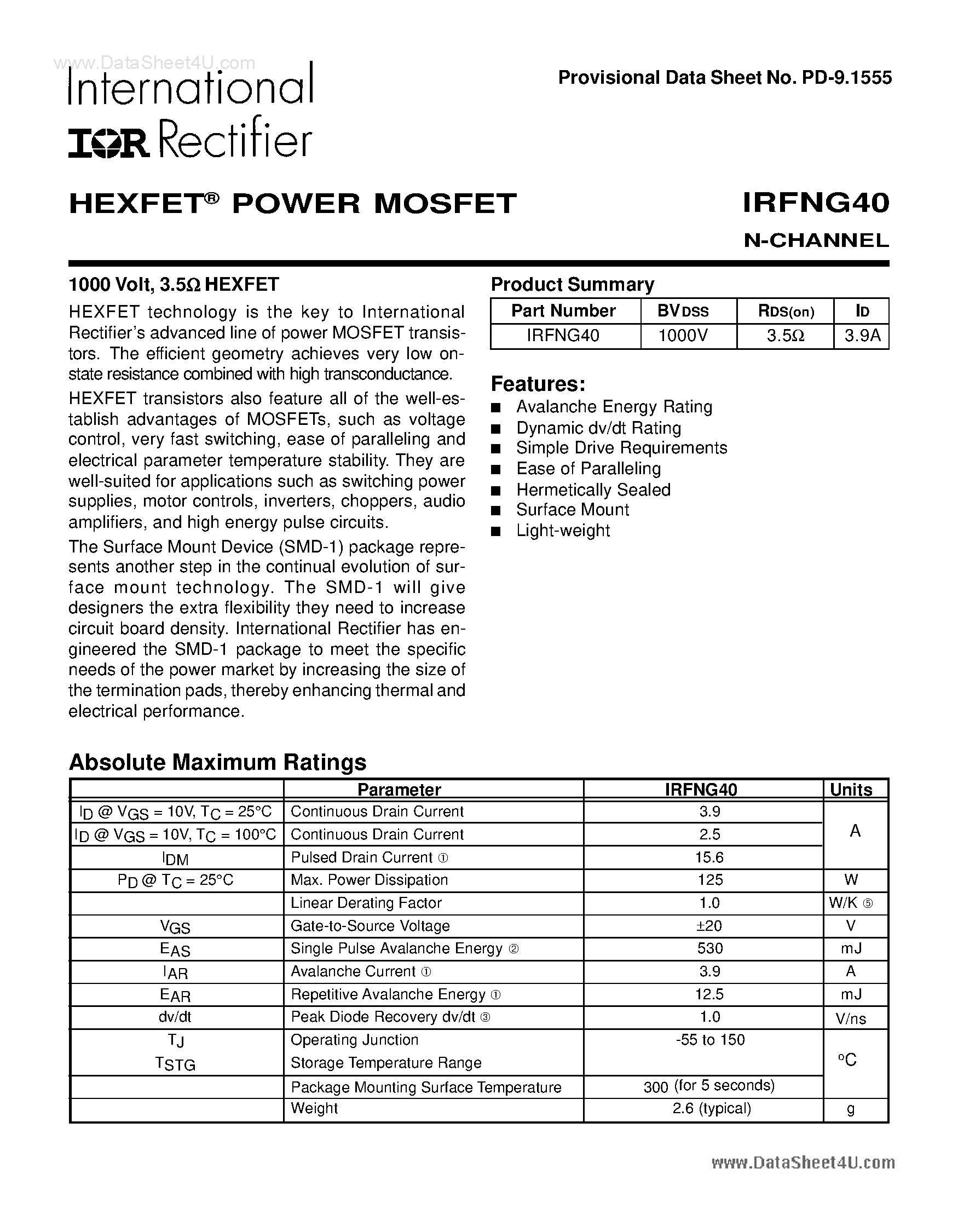 Datasheet IRFNG40 - POWER MOSFET N-CHANNEL page 1