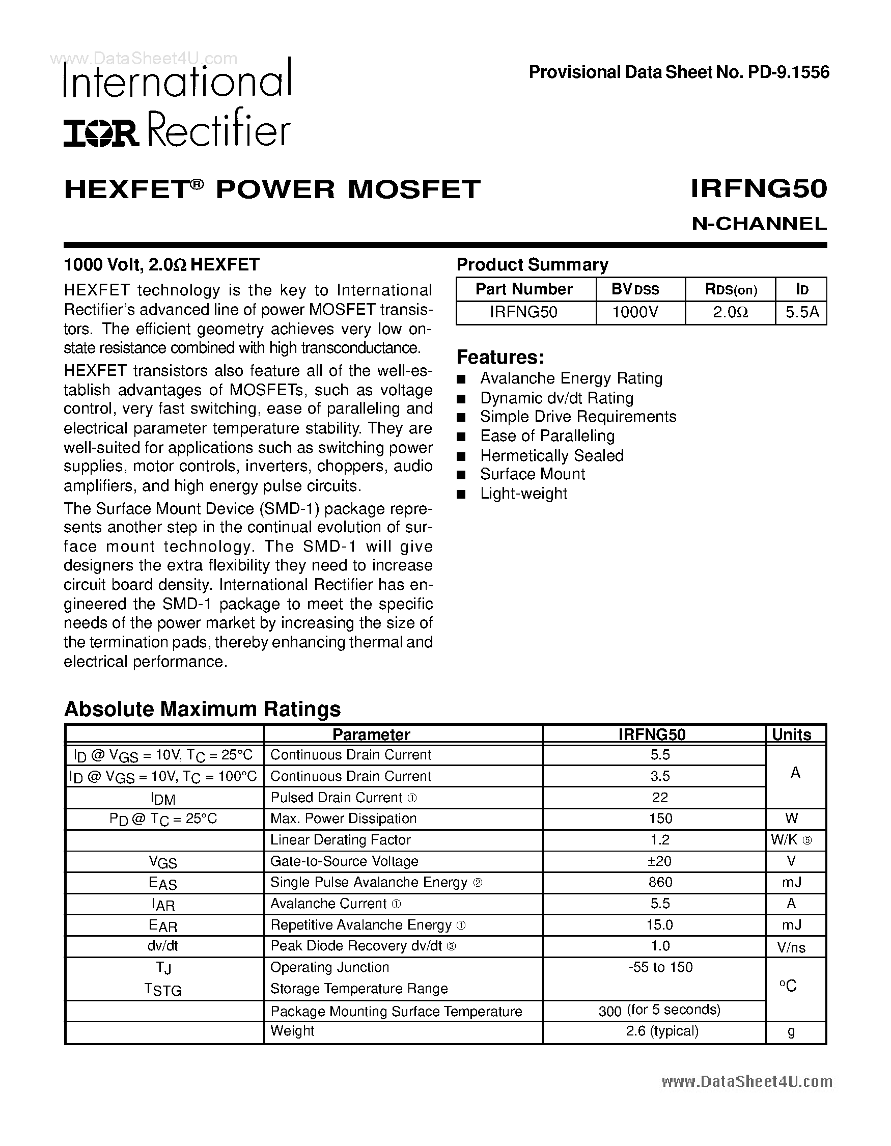 Datasheet IRFNG50 - POWER MOSFET N-CHANNEL page 1