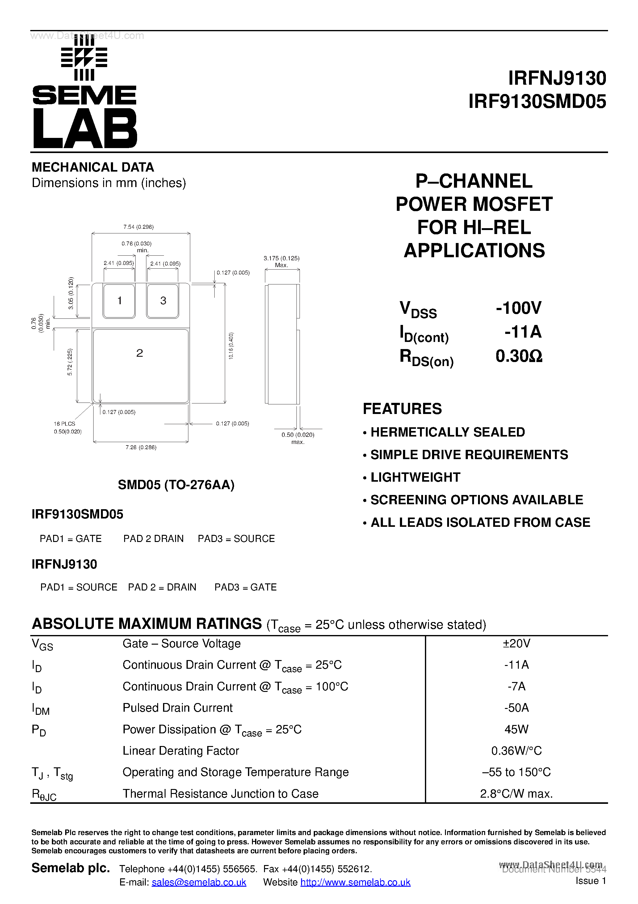 Datasheet IRFNJ9130 - P-CHANNEL POWER MOSFET page 1