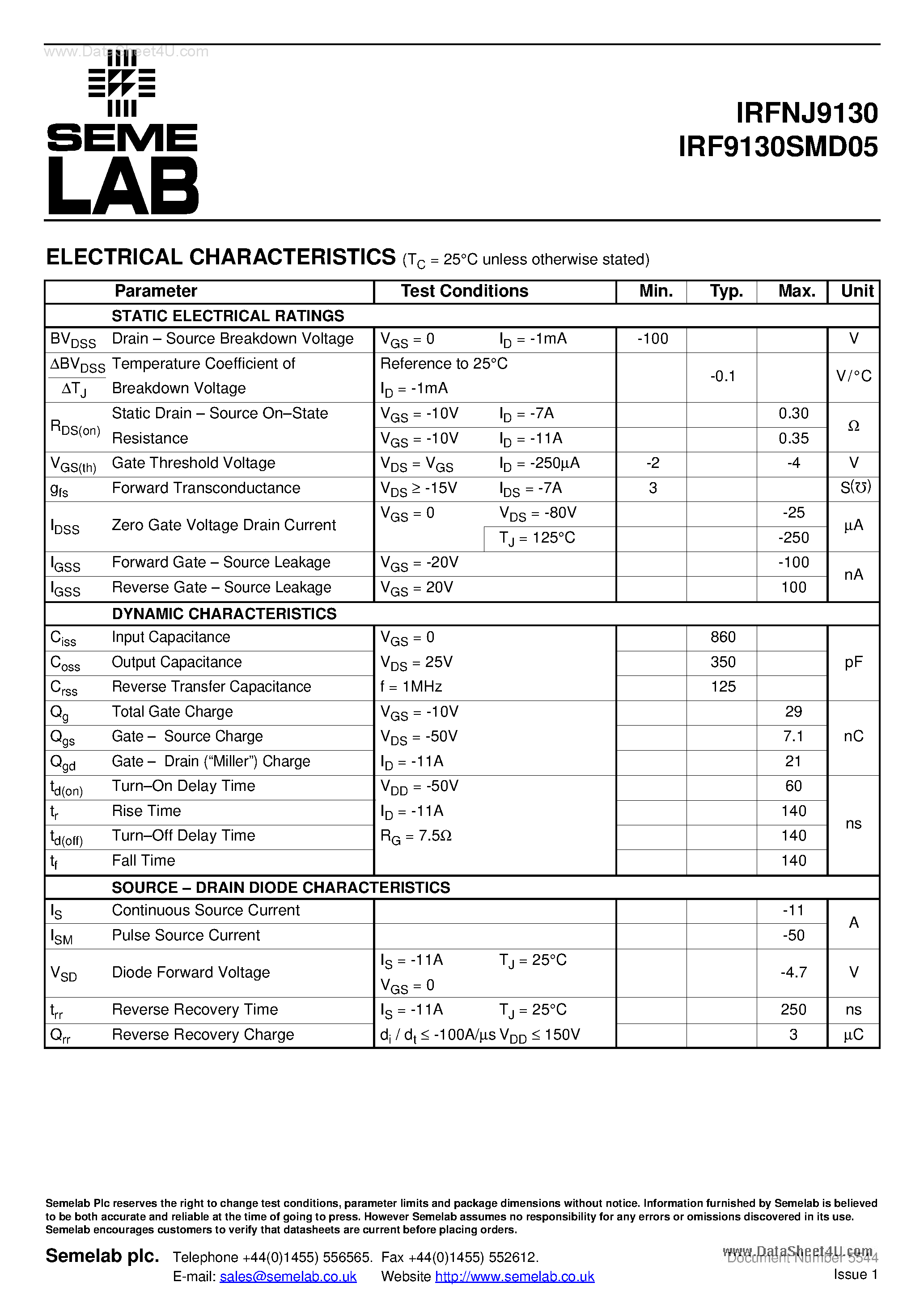 Datasheet IRFNJ9130 - P-CHANNEL POWER MOSFET page 2