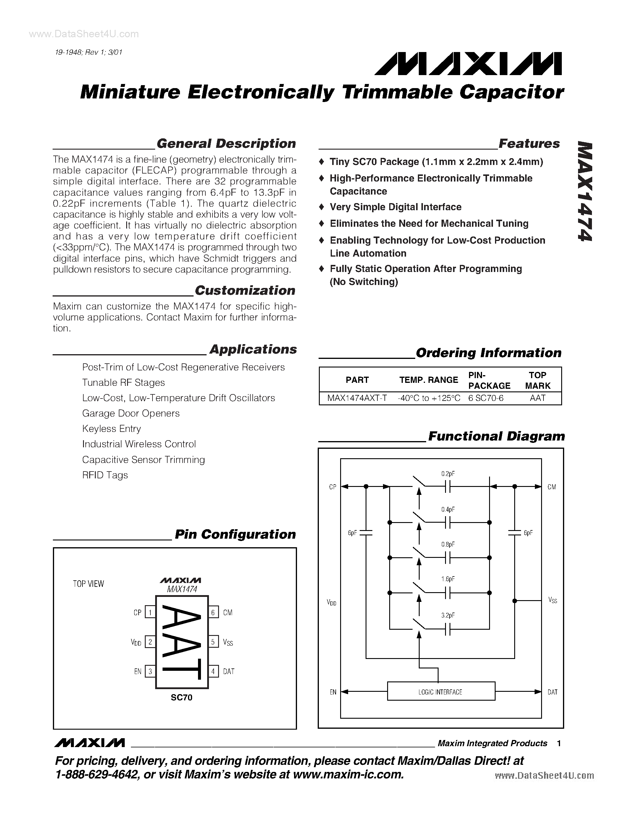 Datasheet MAX1474 - Miniature Electronically Trimmable Capacitor page 1