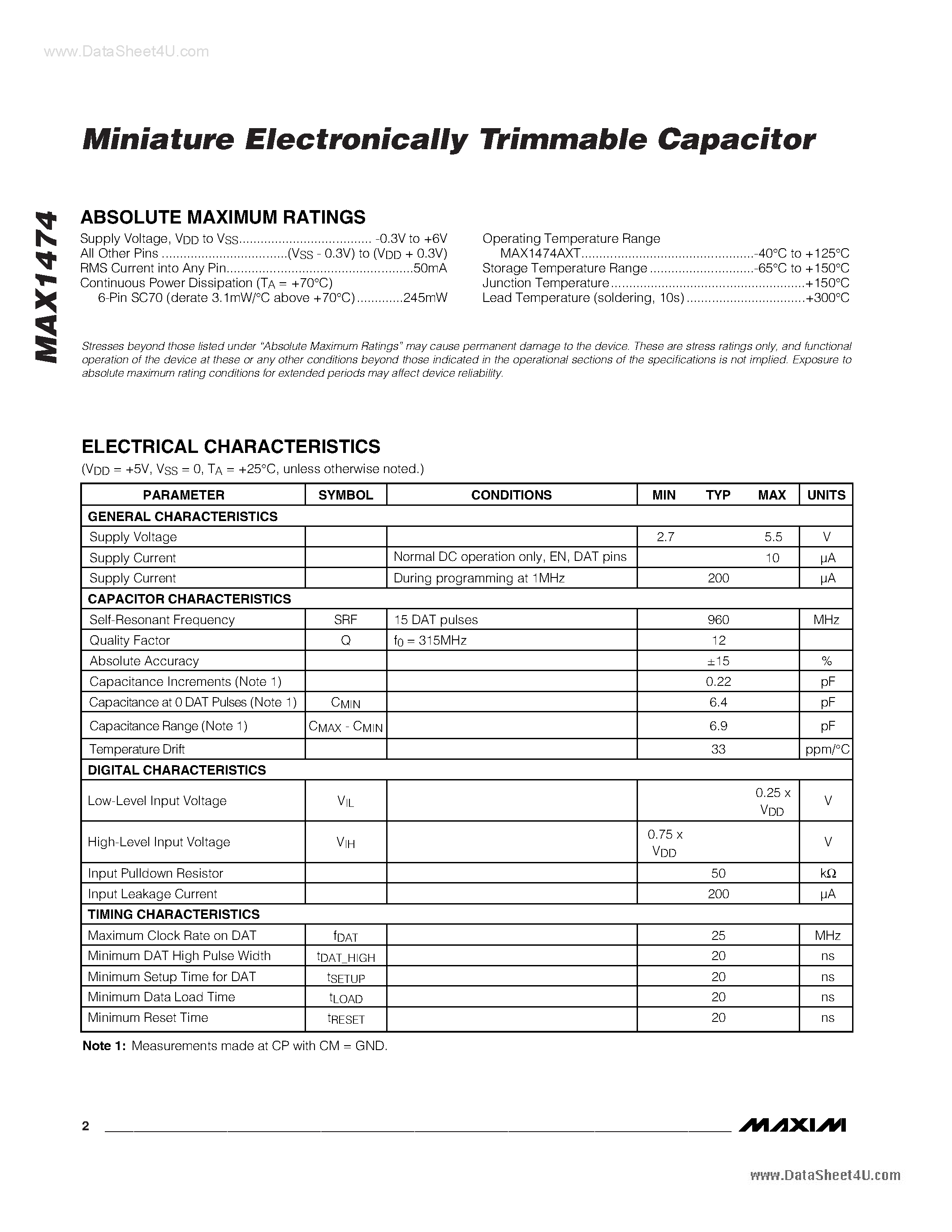 Datasheet MAX1474 - Miniature Electronically Trimmable Capacitor page 2