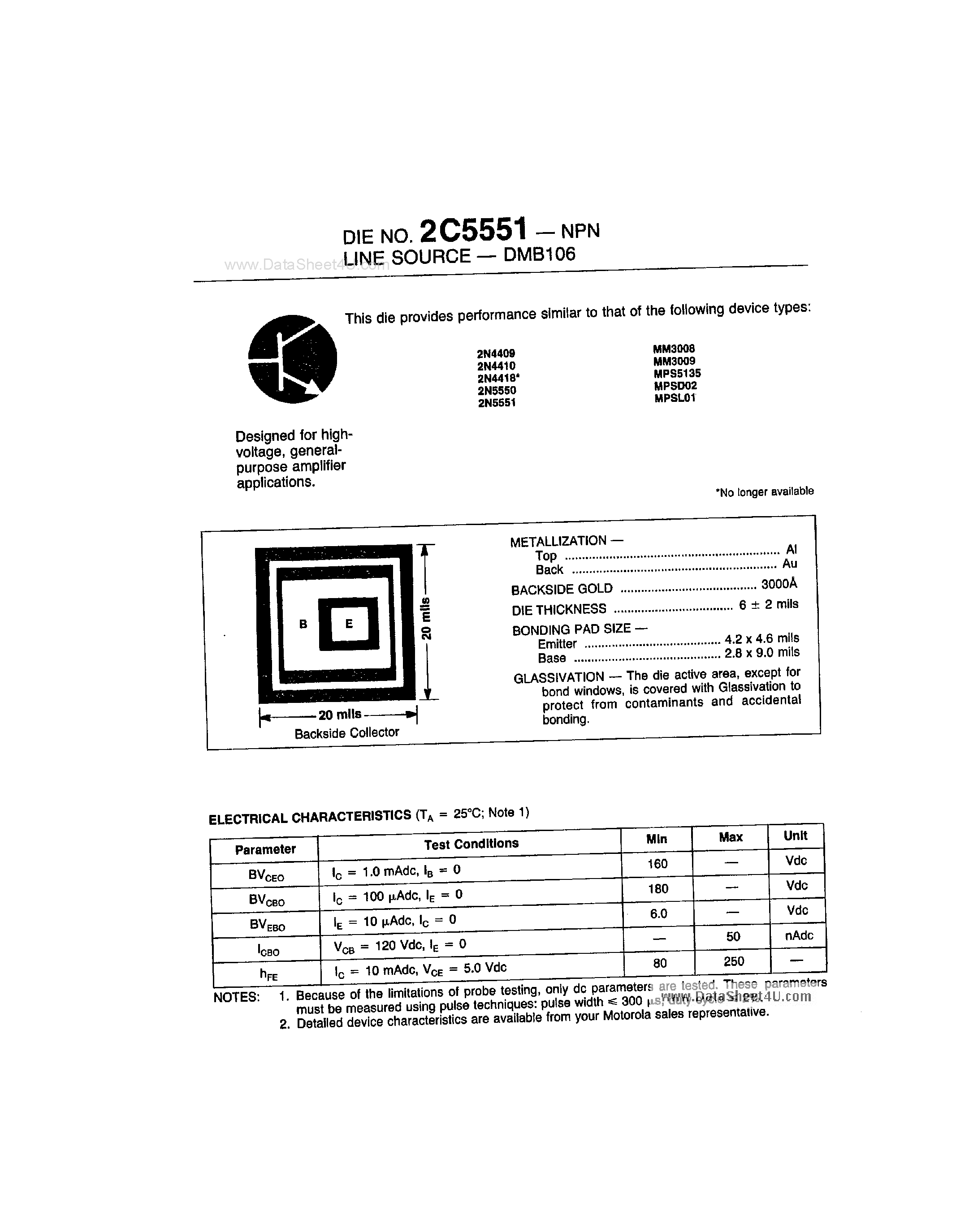Datasheet 2C5551 page 1 Datasheet 2C5551 - Silicon SMall Signal Transistor page 1