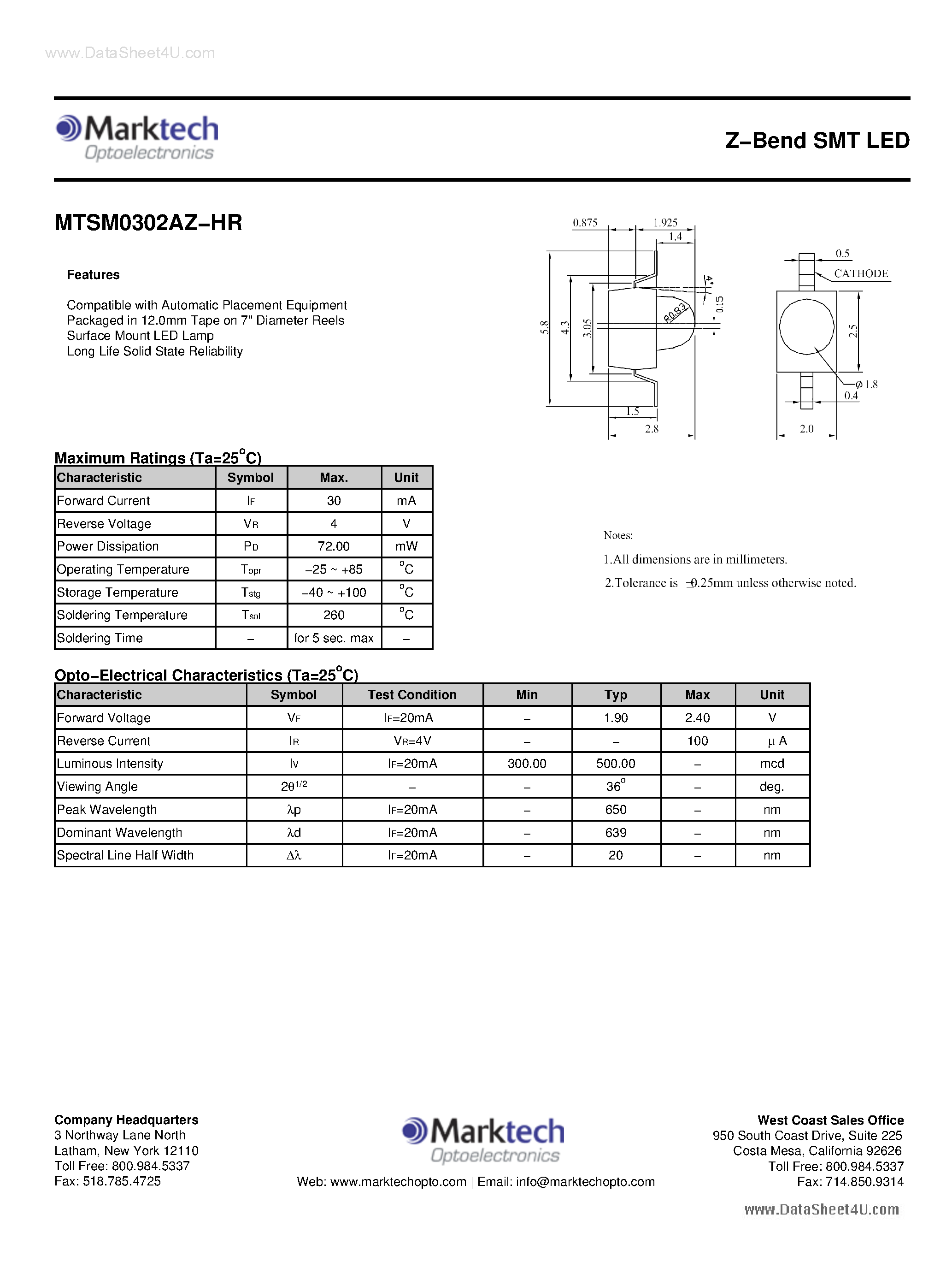 Datasheet MTSM0302AZ-HR page 1 Datasheet MTSM0302AZ-HR - Z-Bend SMT LED page 1