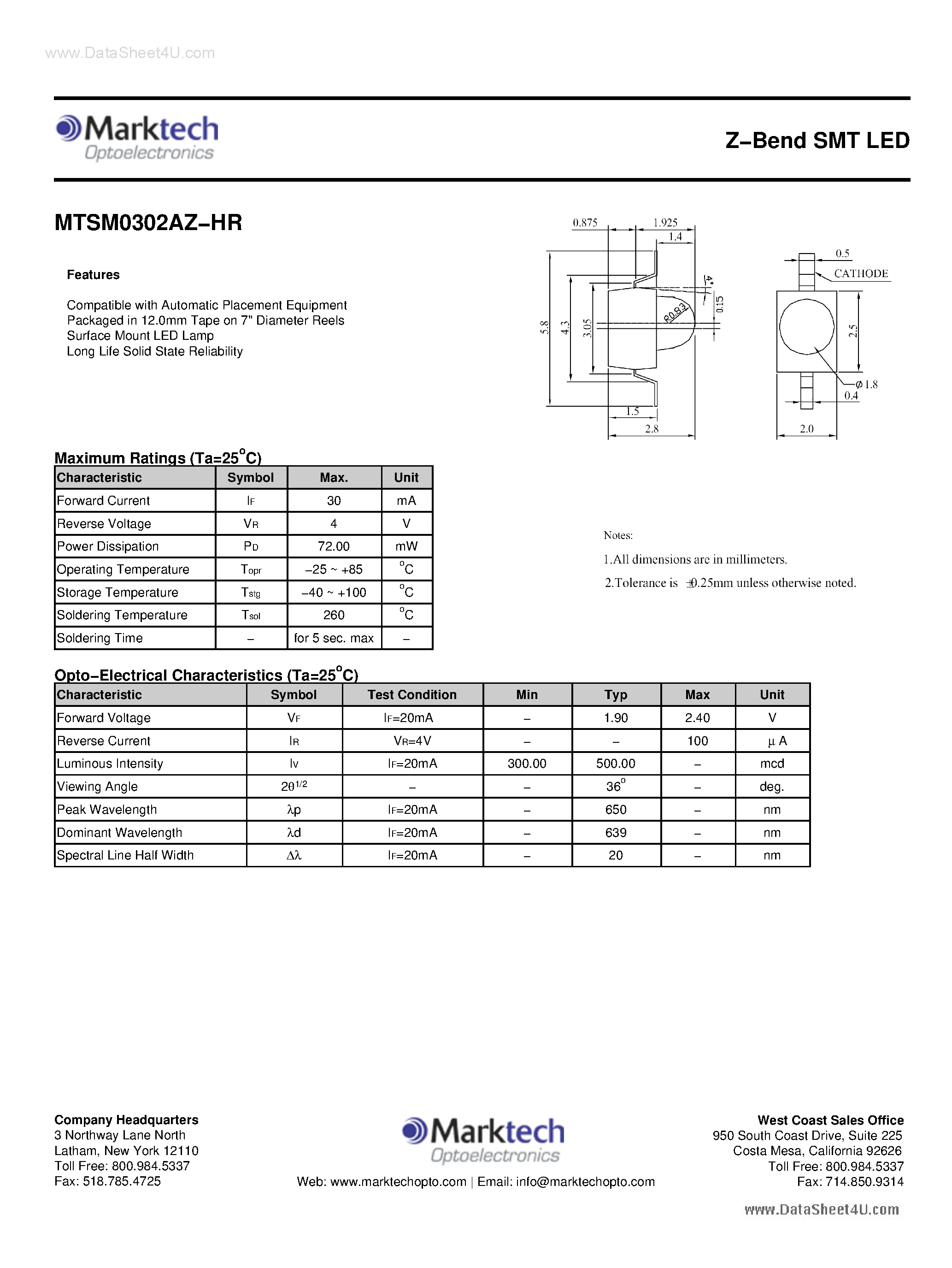 Datasheet MTSM0302AZ-HR - Z-Bend SMT LED page 1