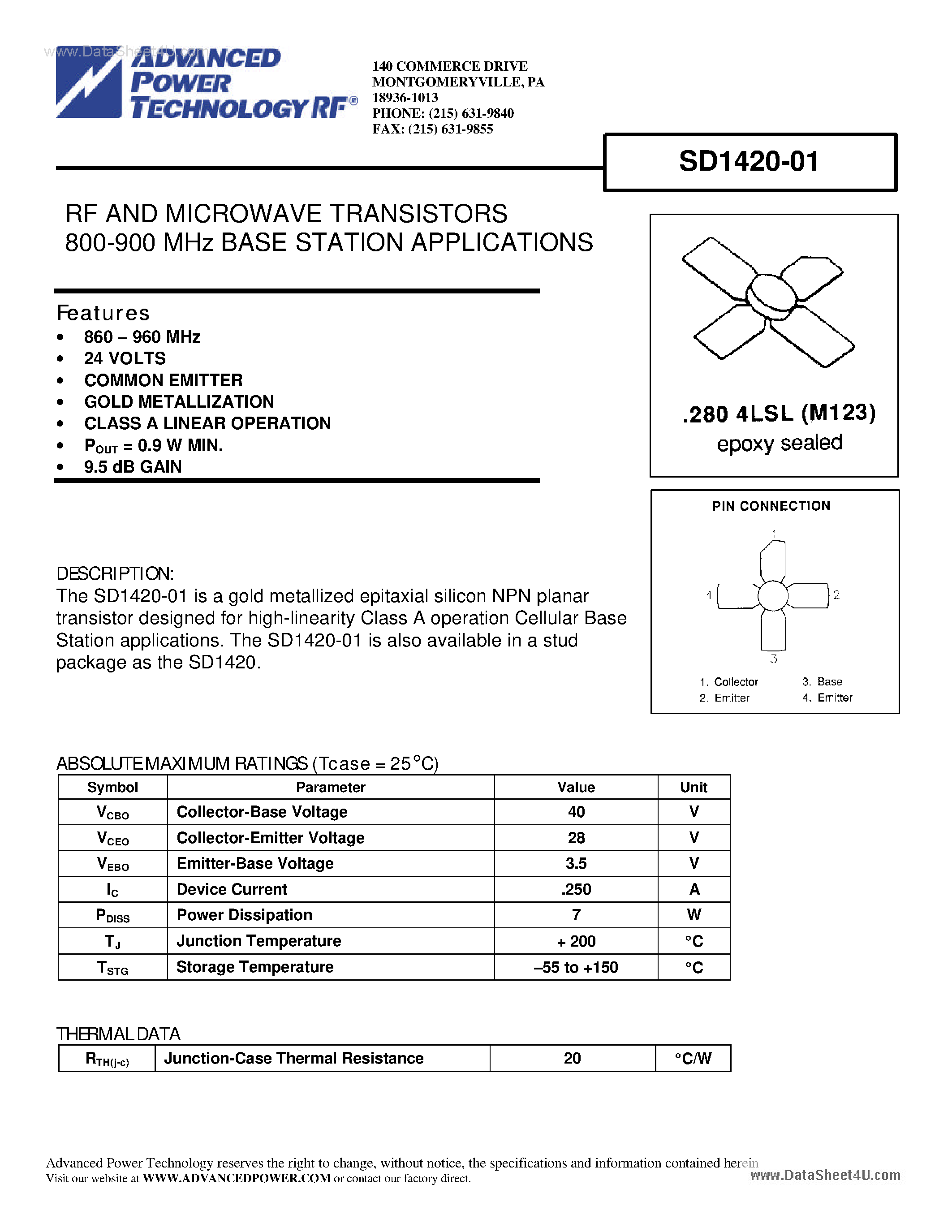 Datasheet SD1420-01 page 1 Datasheet SD1420-01 - RF AND MICROWAVE TRANSISTORS page 1