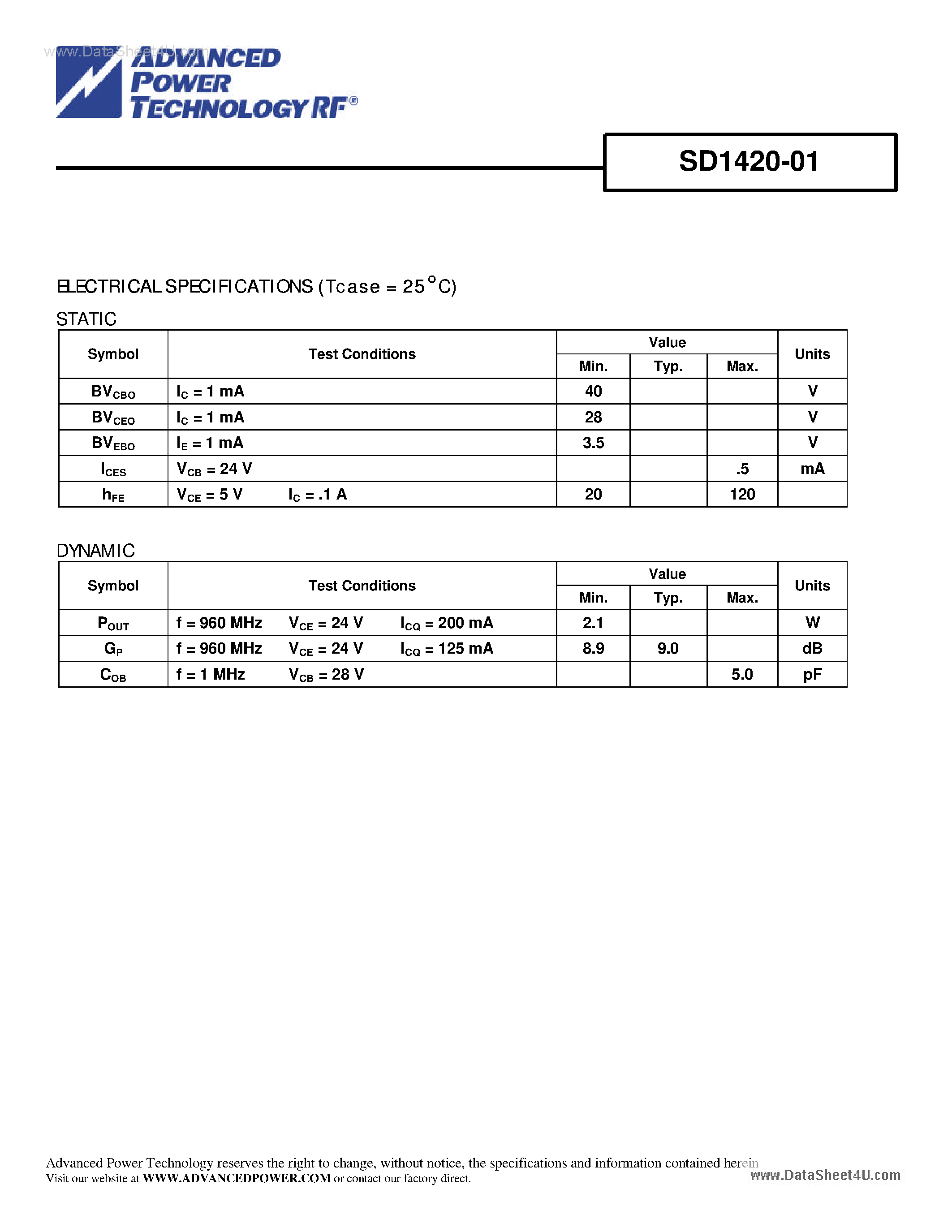 Datasheet SD1420-01 page 2 Datasheet SD1420-01 - RF AND MICROWAVE TRANSISTORS page 2