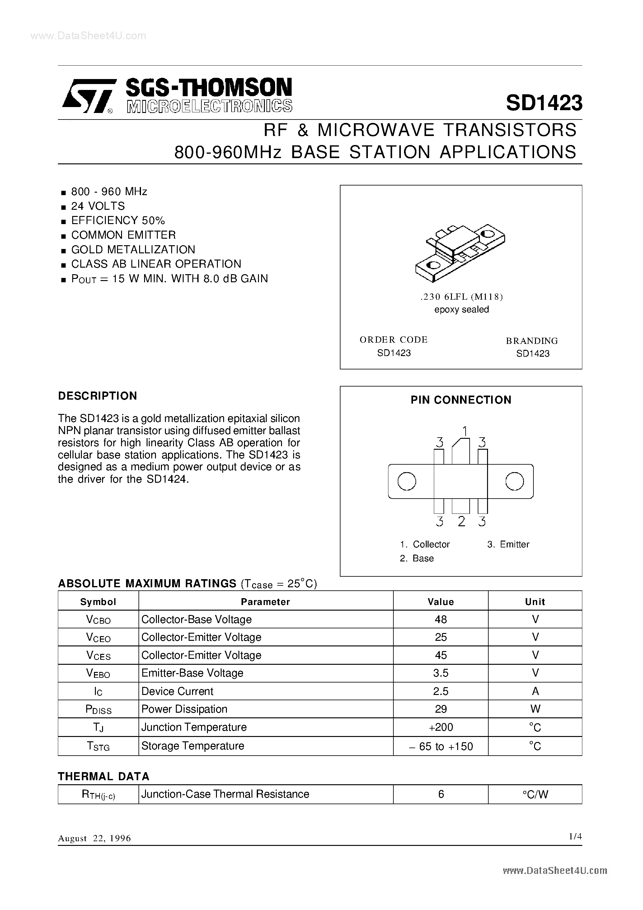 Datasheet SD1423 - RF AND MICROWAVE TRANSISTORS page 1