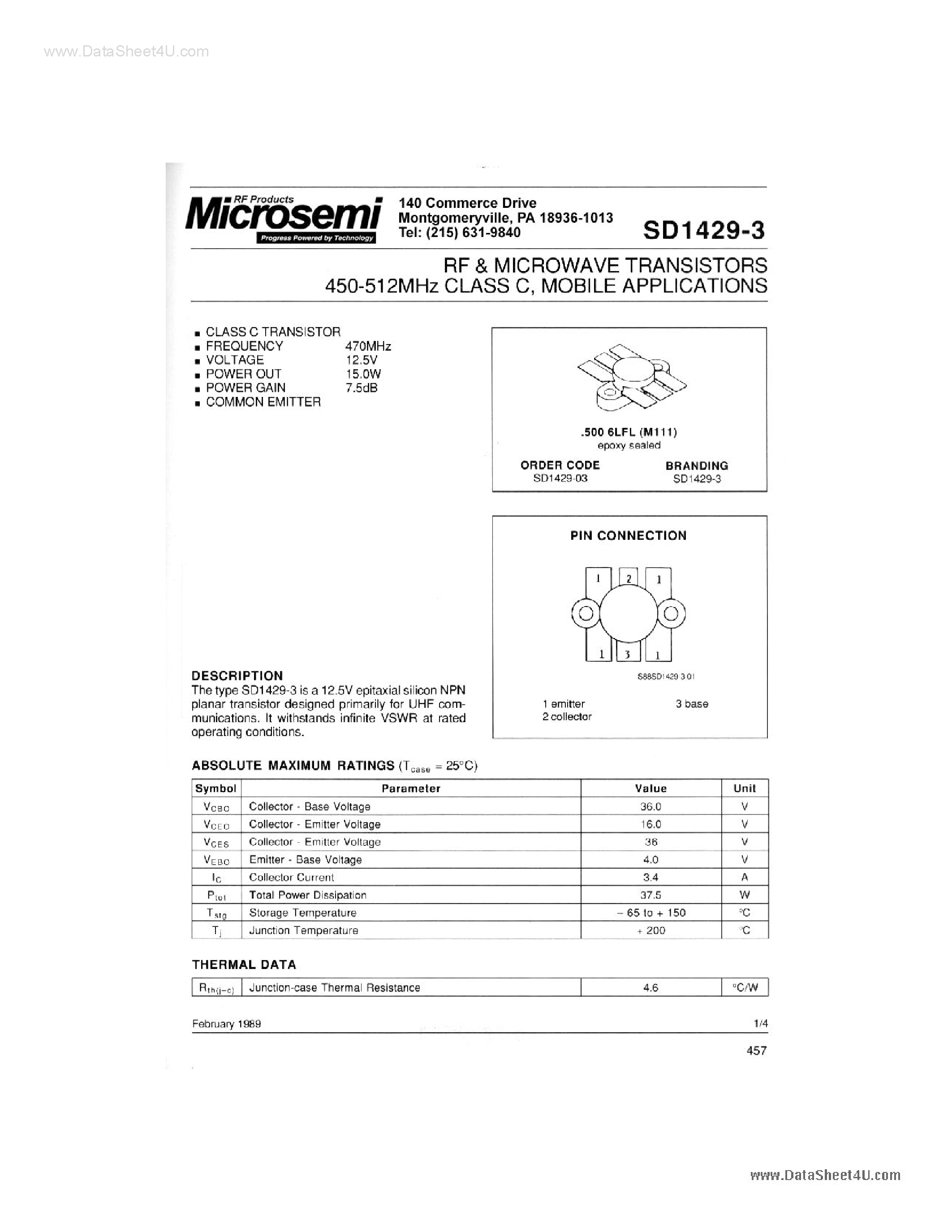 Datasheet SD1429-3 - RF AND MICROWAVE TRANSISTORS page 1