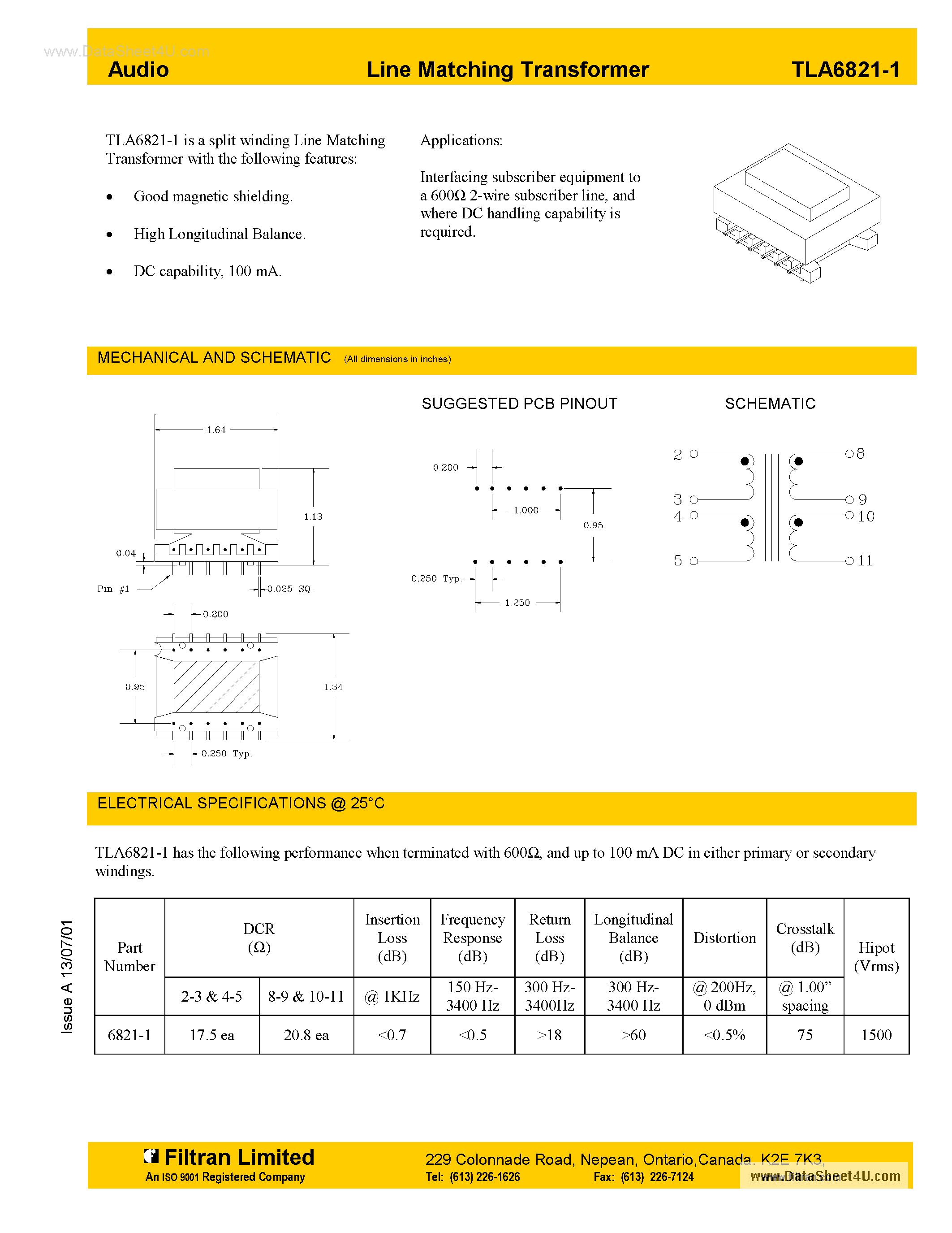 Datasheet TLA6821-1 page 1 Datasheet TLA6821-1 - Audio Line Matching Transformer page 1