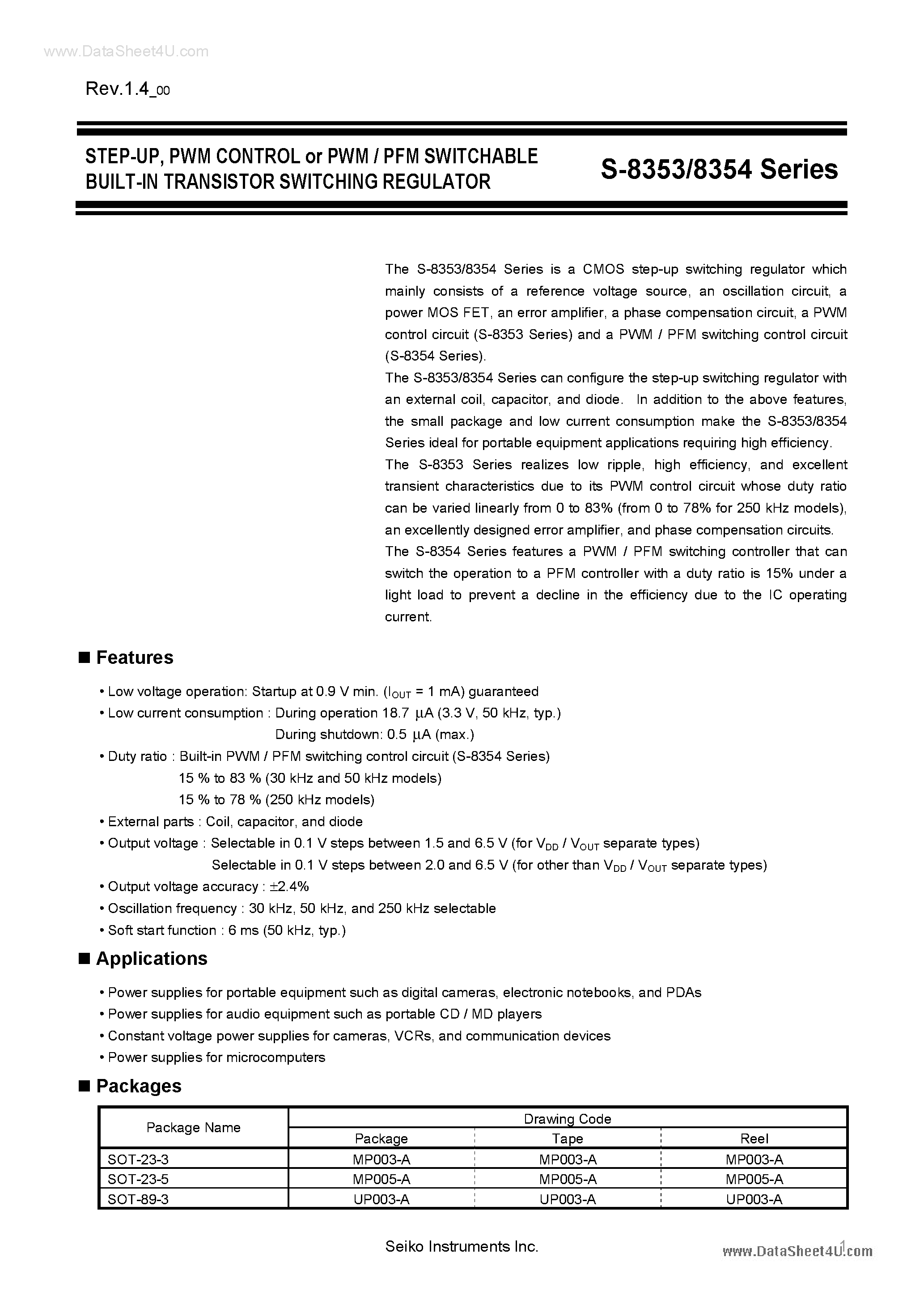Datasheet S8353 - (S8353 / S8354) PWM Control Switchable Built-in Transistor Switching Regulator page 1