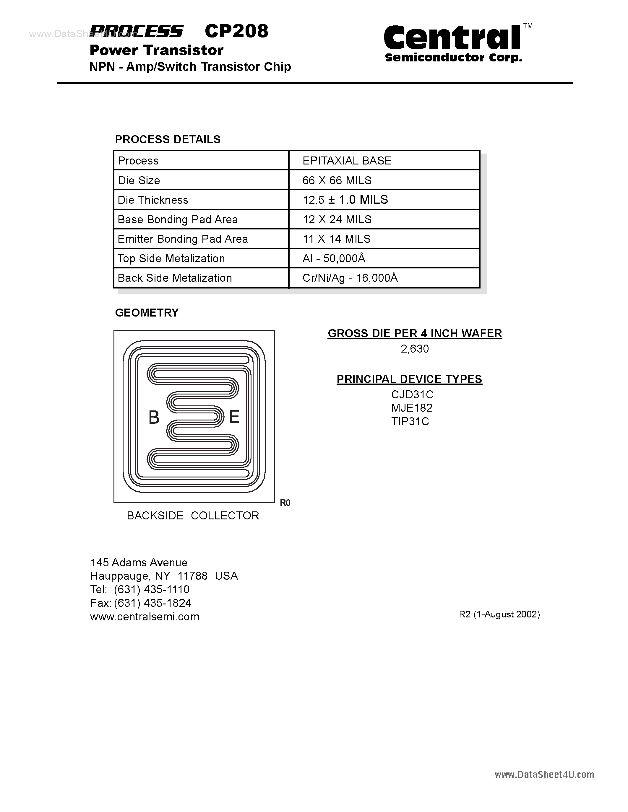 Datasheet CP208 page 1 Datasheet CP208 - Power Transistor NPN - Amp/Switch Transistor Chip page 1