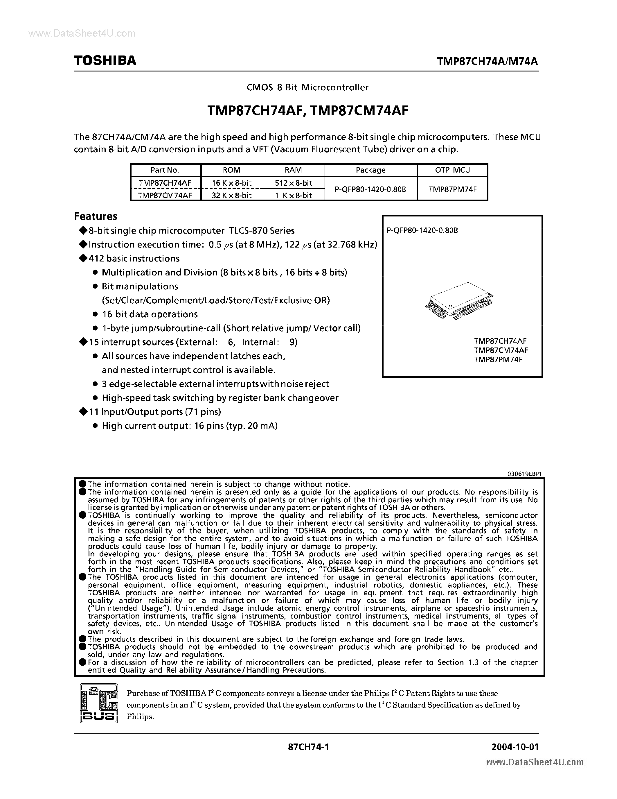 Datasheet TMP87CH74AF - CMOS 8-BIT MICROCONTROLLER page 1