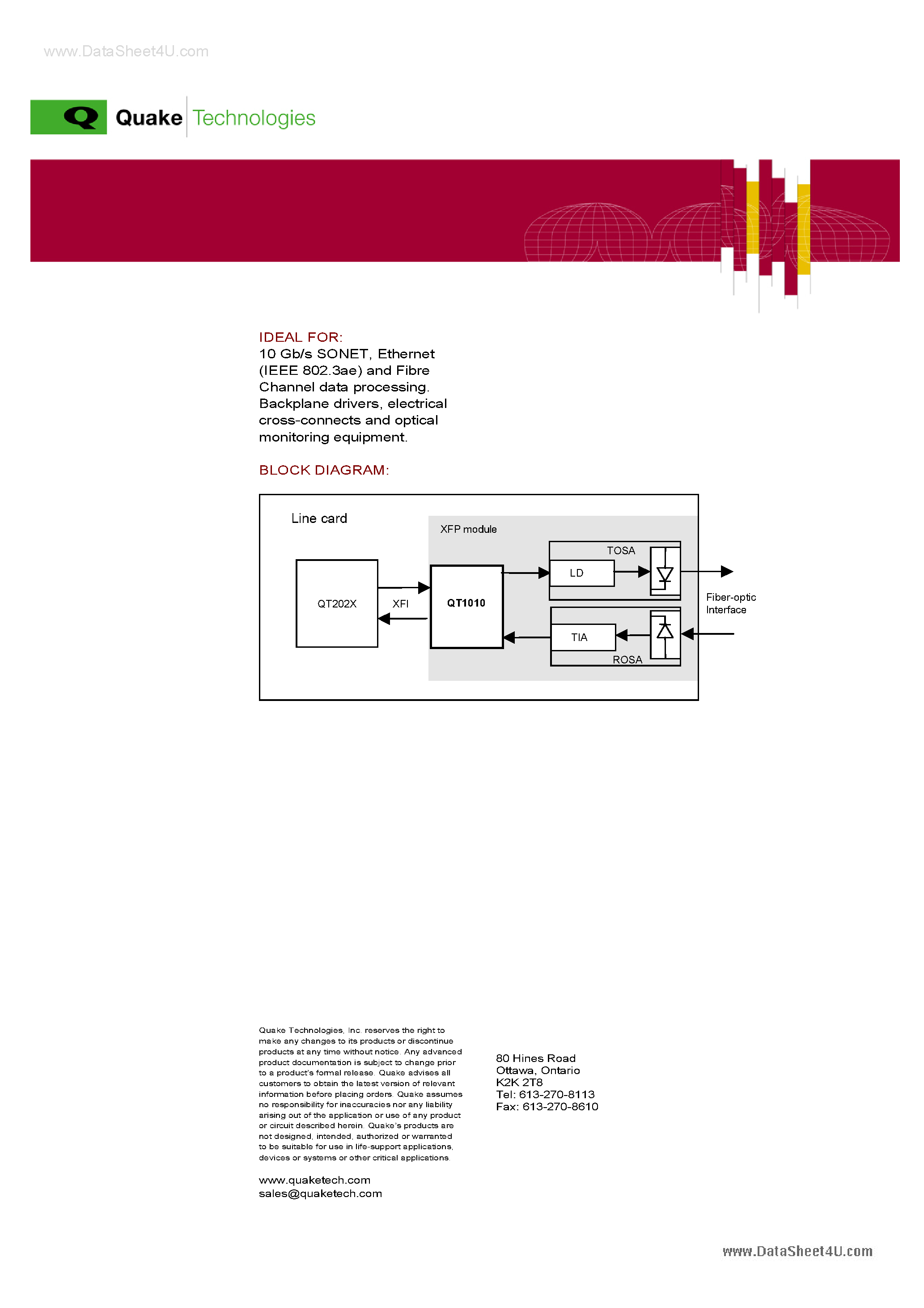 Datasheet QT1010 page 2 Datasheet QT1010 - 9.95 11.1 Gb/s XFP Compatible Bidirectional CDR page 2