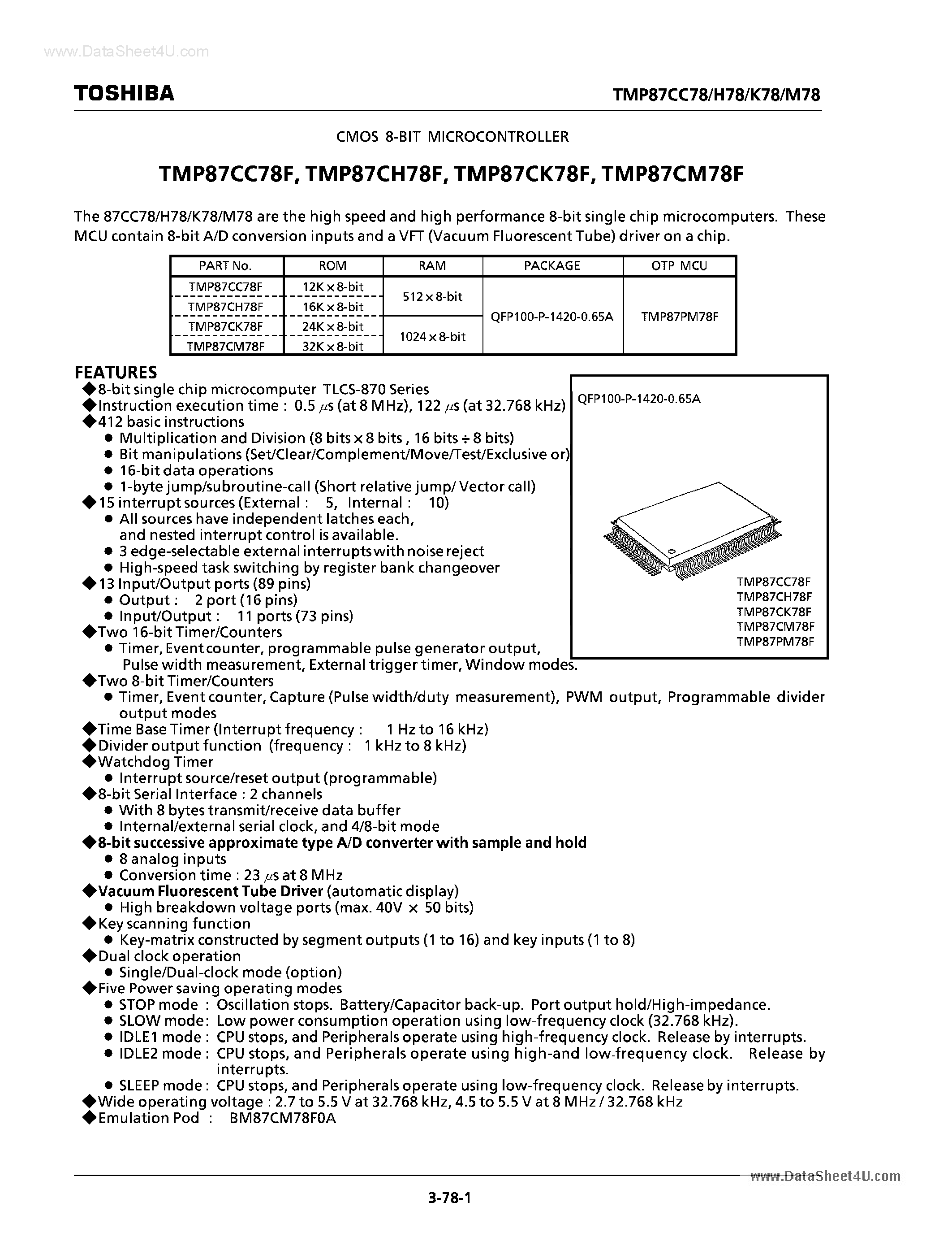 Datasheet TMP87CK78F - CMOS 8-BIT MICROCONTROLLER page 1