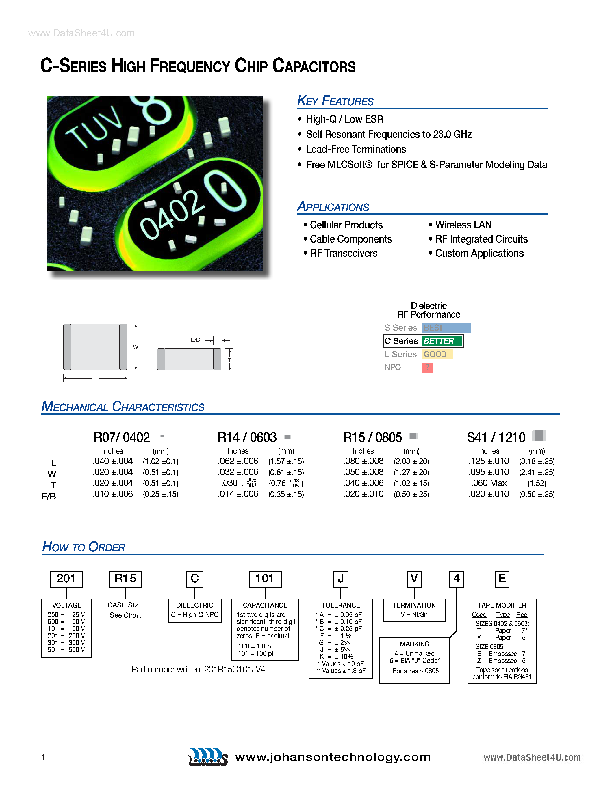 Даташит 501R15C101A6T - C-SERIES HIGH FREQUENCY CHIP CAPACITORS страница 1