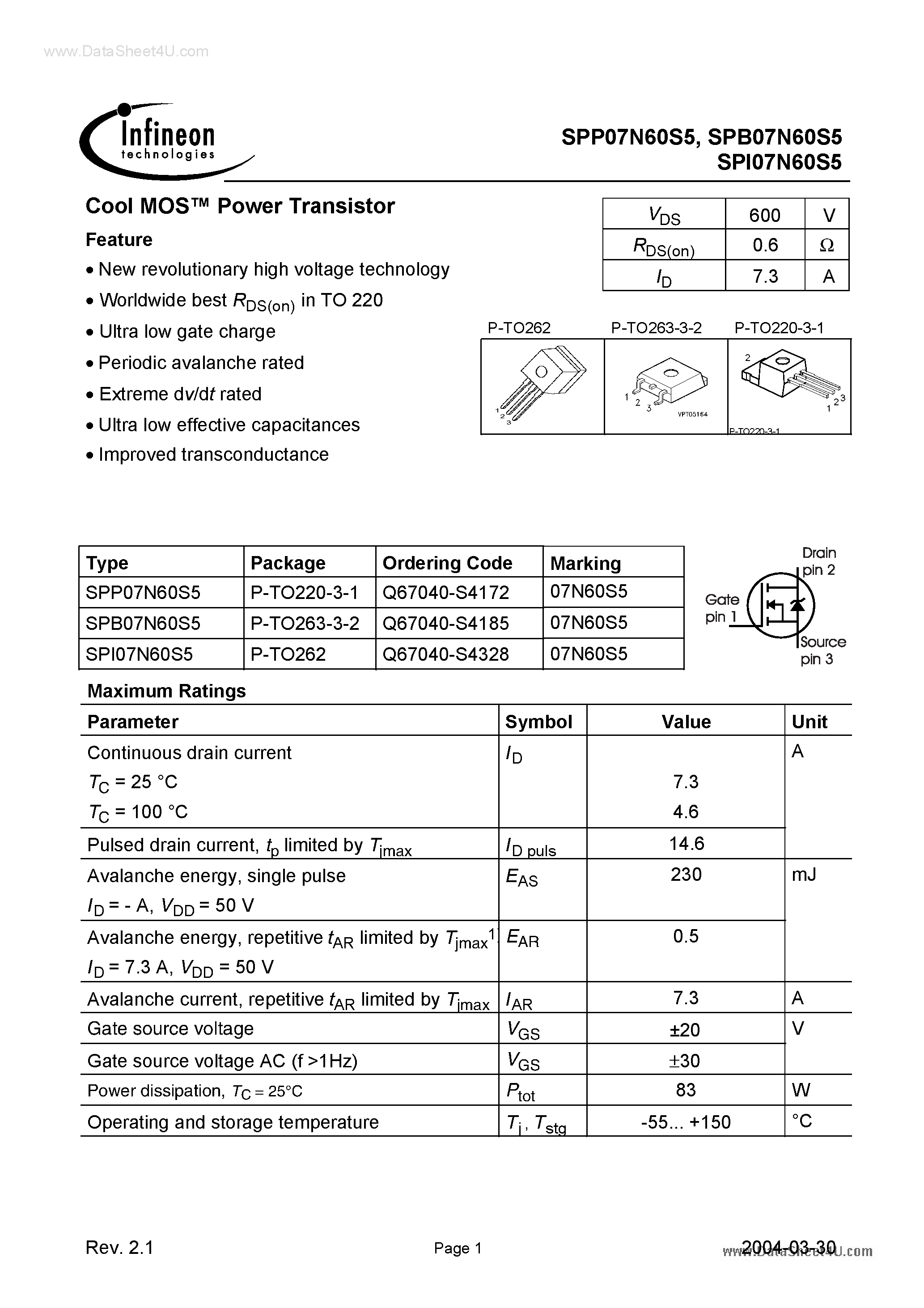 Даташит на микросхему SPI07N60S5 страница 1 Даташит SPI07N60S5 - страница 1