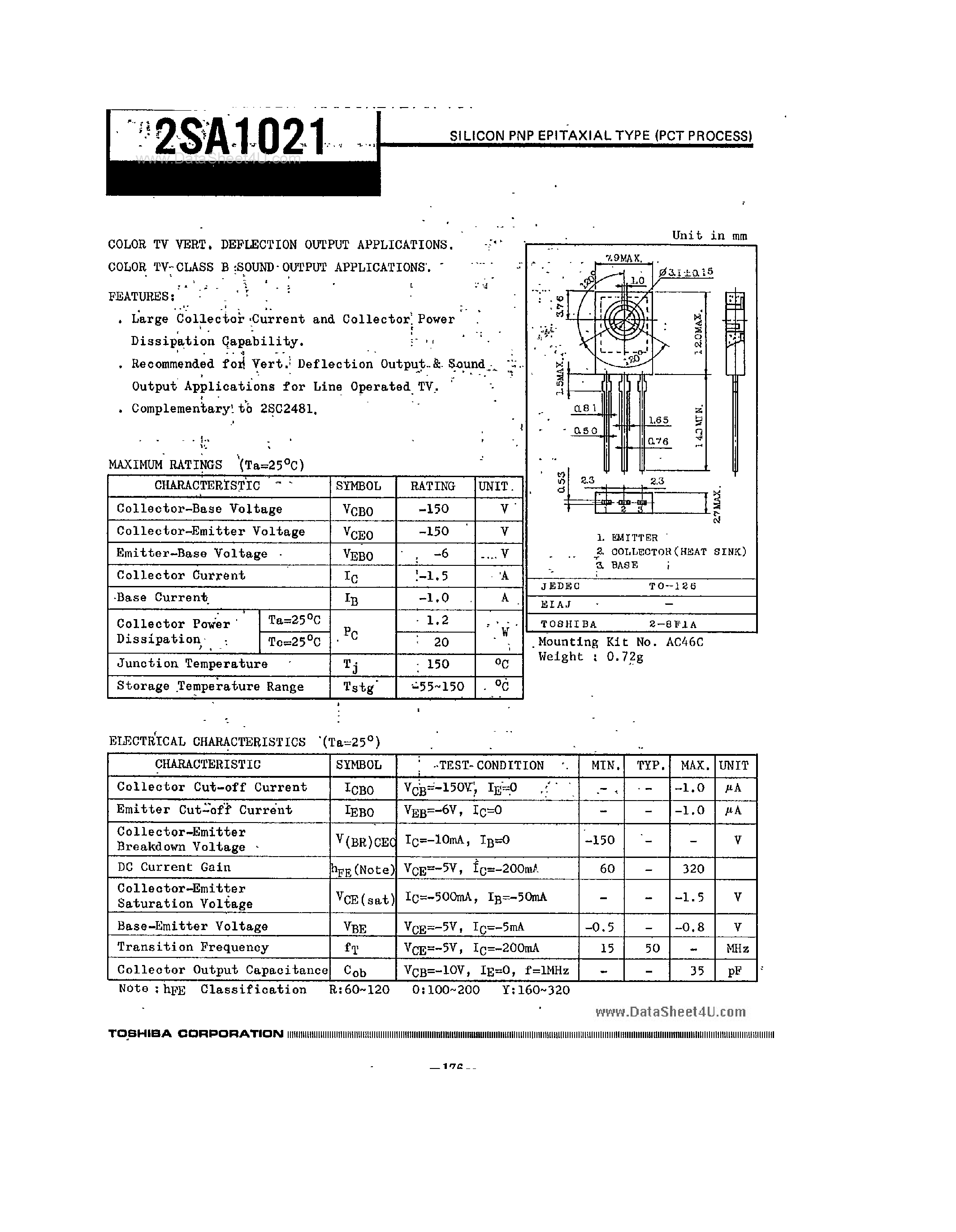 Datasheet 2SA1021 page 1 Datasheet 2SA1021 - Silicon PNP Expitaxial Type page 1