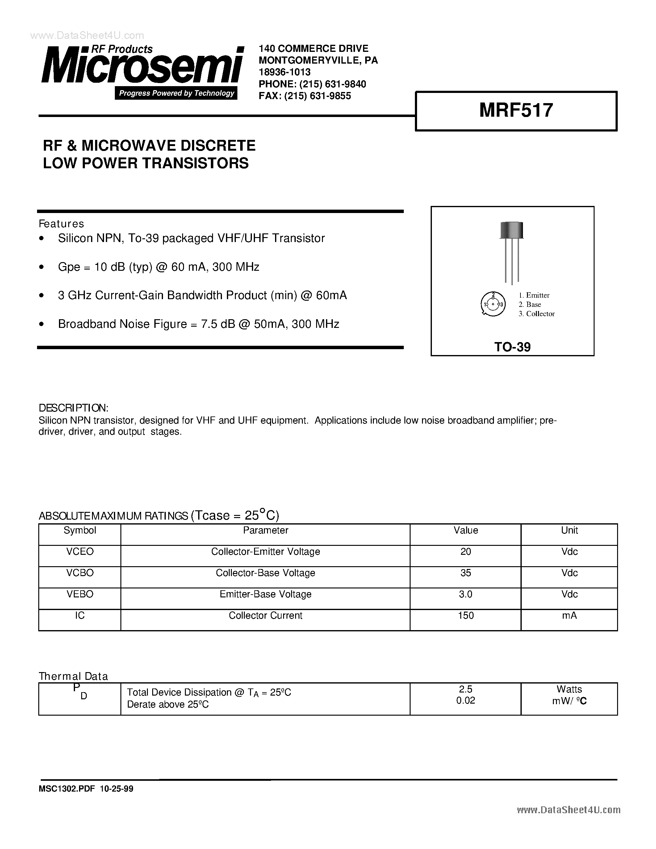 Datasheet MRF517 page 1 Datasheet MRF517 - RF & MICROWAVE DISCRETE LOW POWER TRANSISTORS page 1