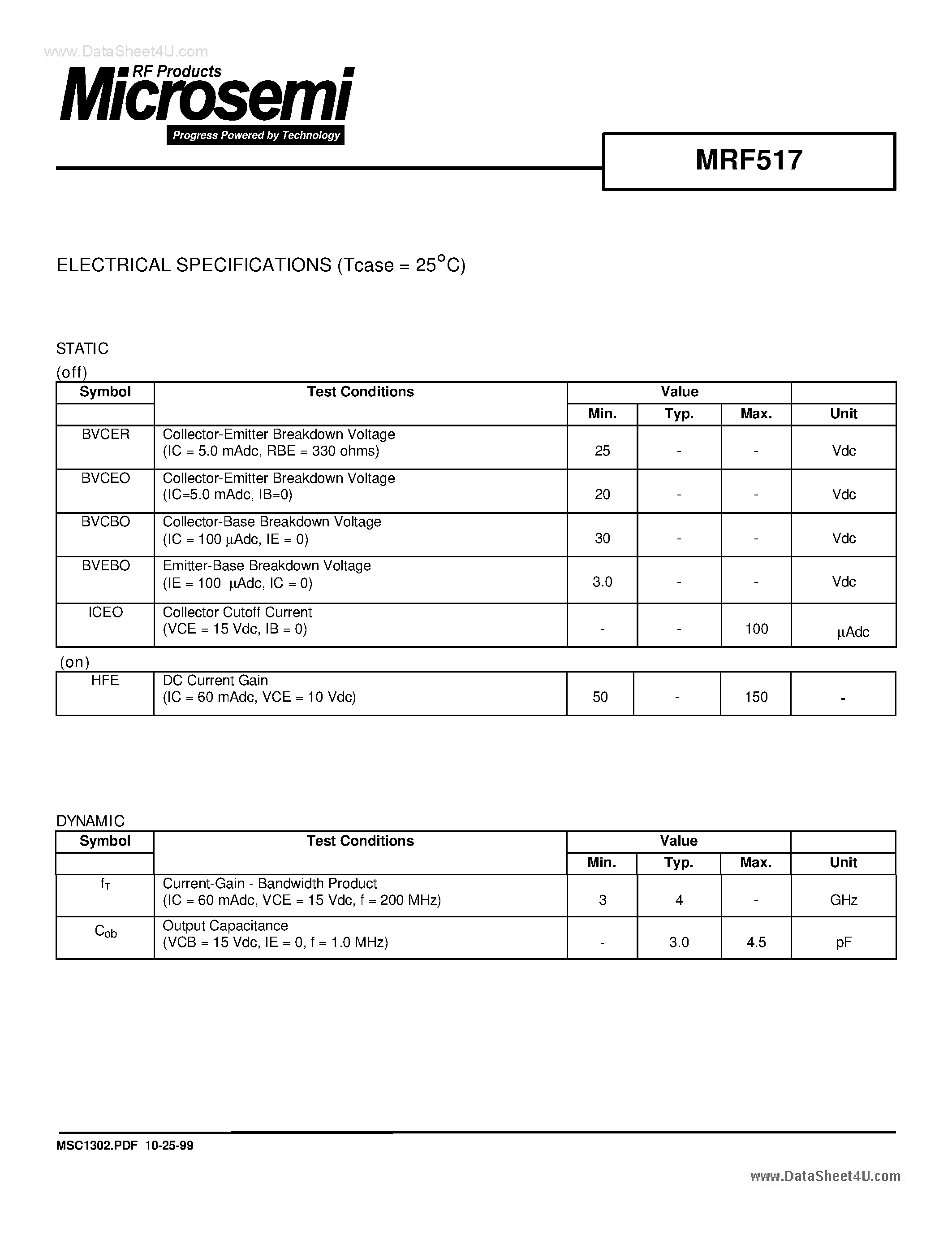 Datasheet MRF517 page 2 Datasheet MRF517 - RF & MICROWAVE DISCRETE LOW POWER TRANSISTORS page 2