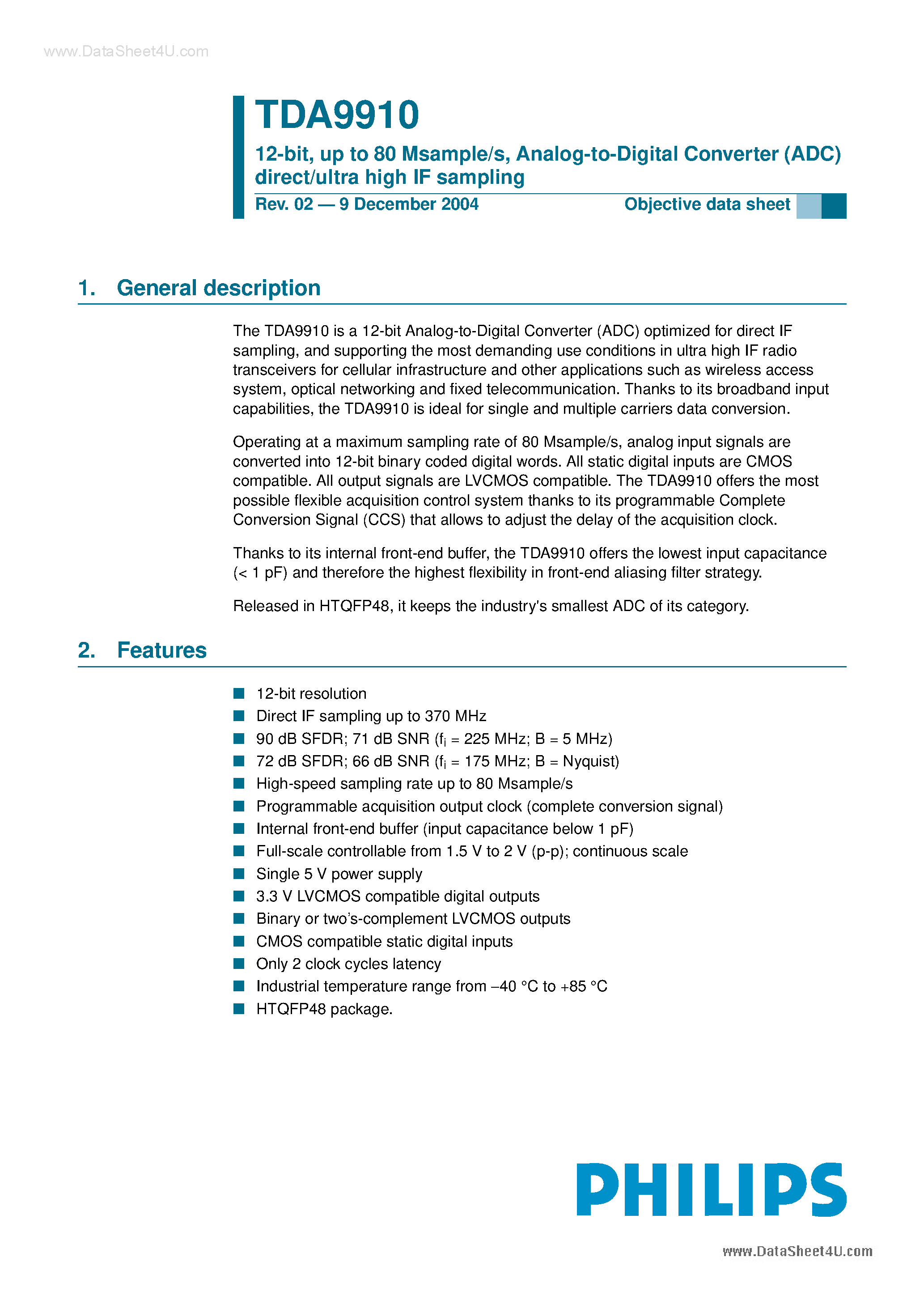Даташит на микросхему TDA9910 страница 1 Даташит TDA9910 - Analog-to-Digital Converter (ADC) direct/ultra high IF sampling страница 1