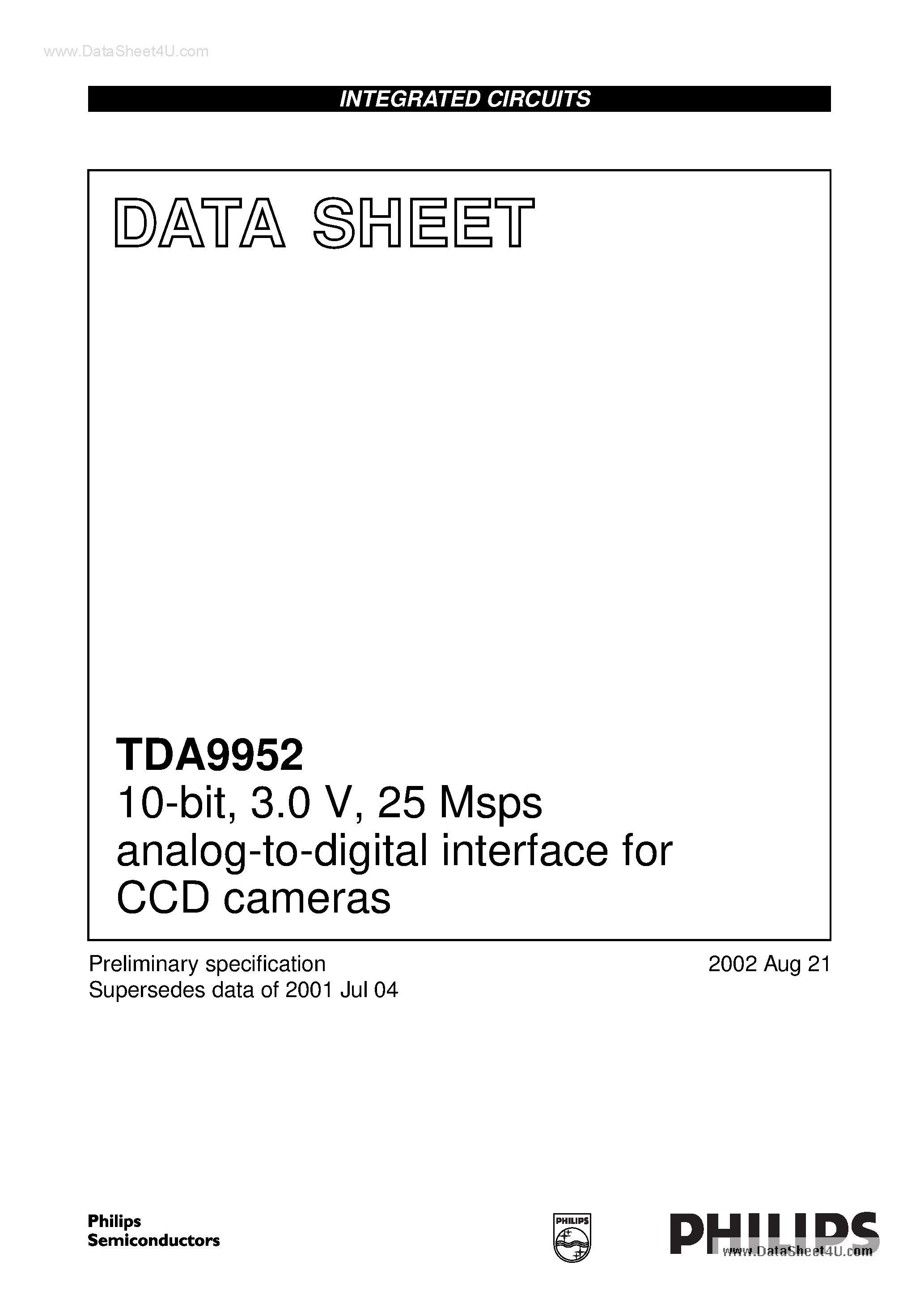 Datasheet TDA9952 page 1 Datasheet TDA9952 - 25 Msps analog-to-digital interface for CCD cameras page 1