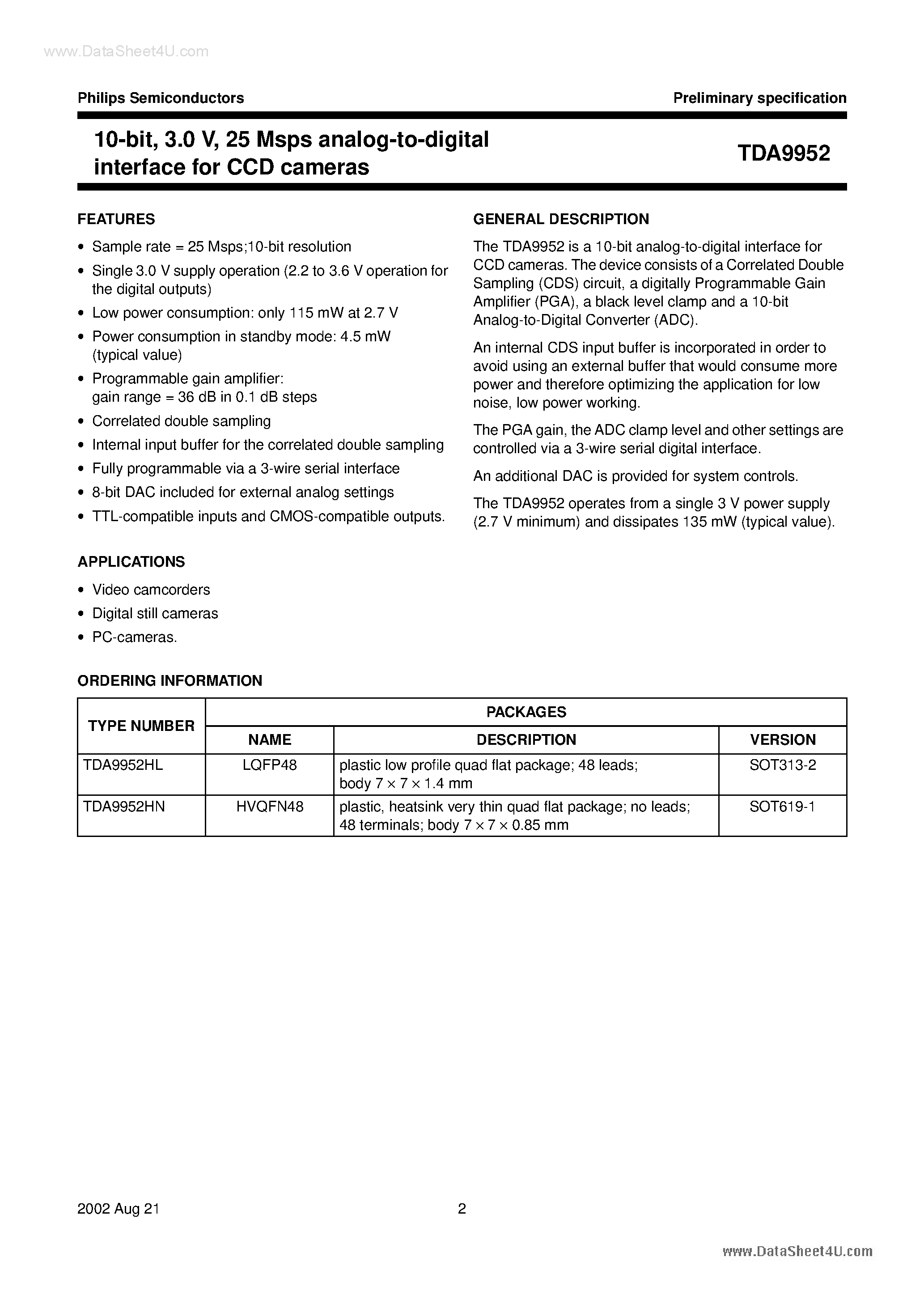 Datasheet TDA9952 page 2 Datasheet TDA9952 - 25 Msps analog-to-digital interface for CCD cameras page 2