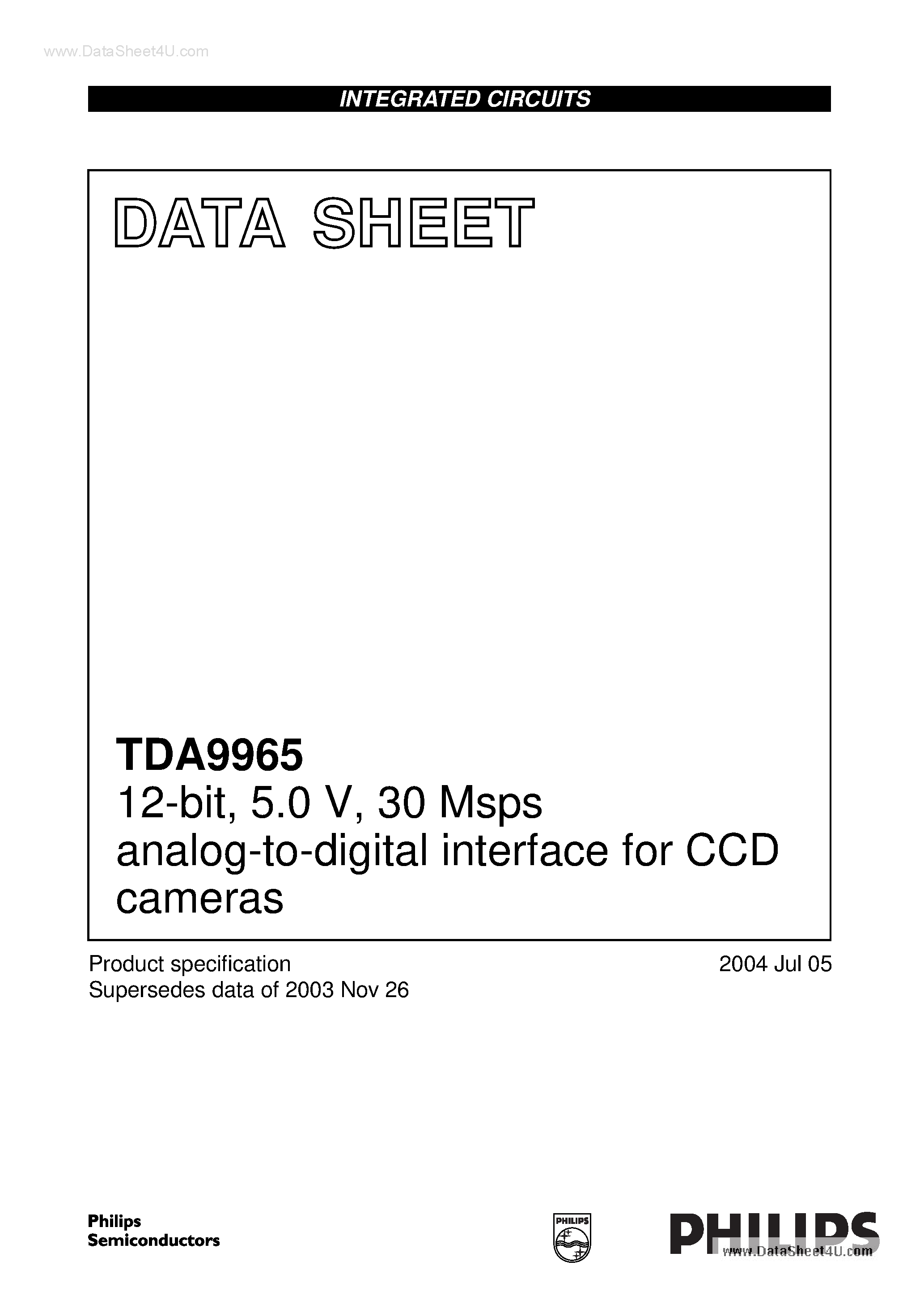 Datasheet TDA9965 page 1 Datasheet TDA9965 - 30 Msps analog-to-digital interface for CCD cameras page 1
