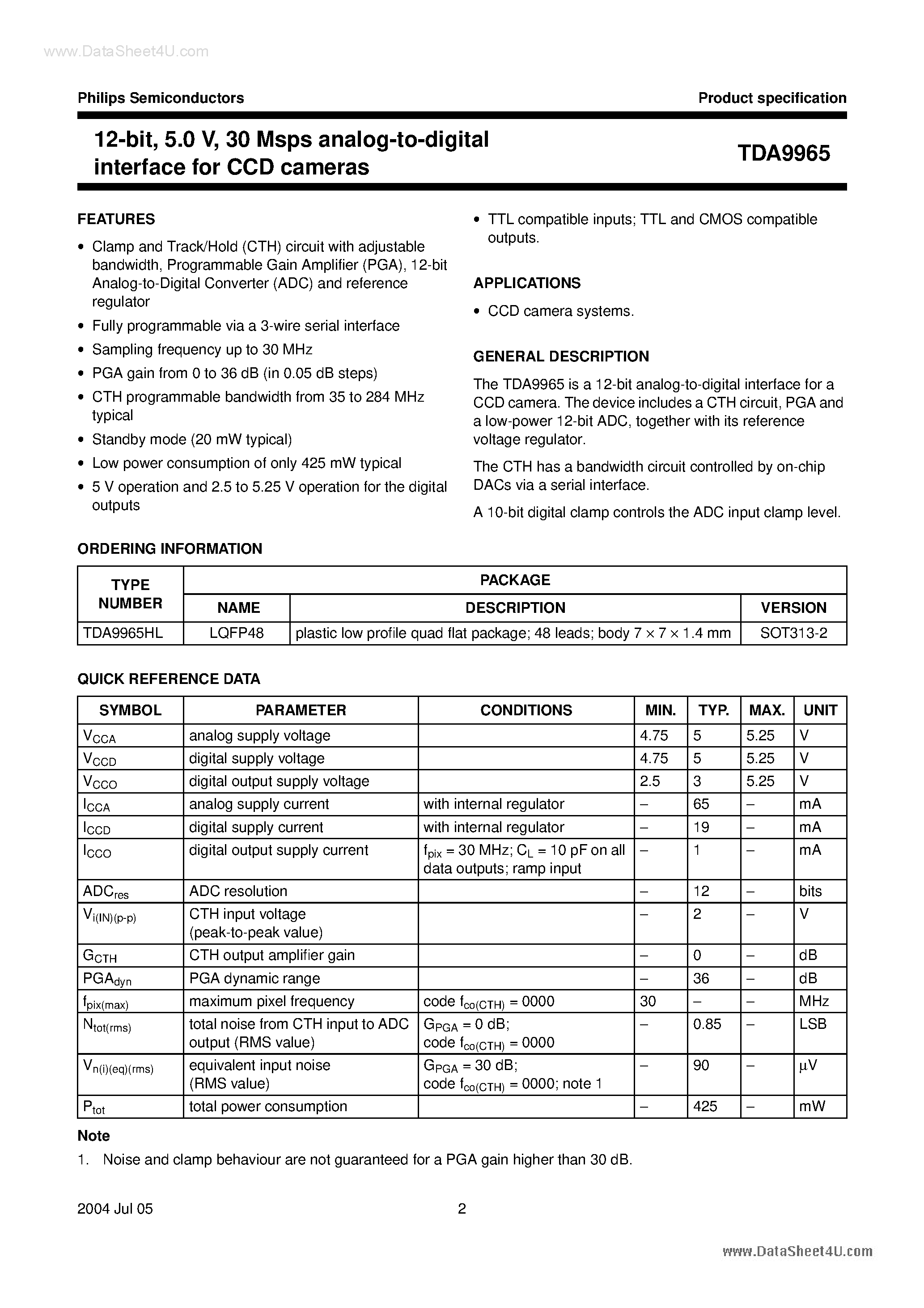 Datasheet TDA9965 page 2 Datasheet TDA9965 - 30 Msps analog-to-digital interface for CCD cameras page 2