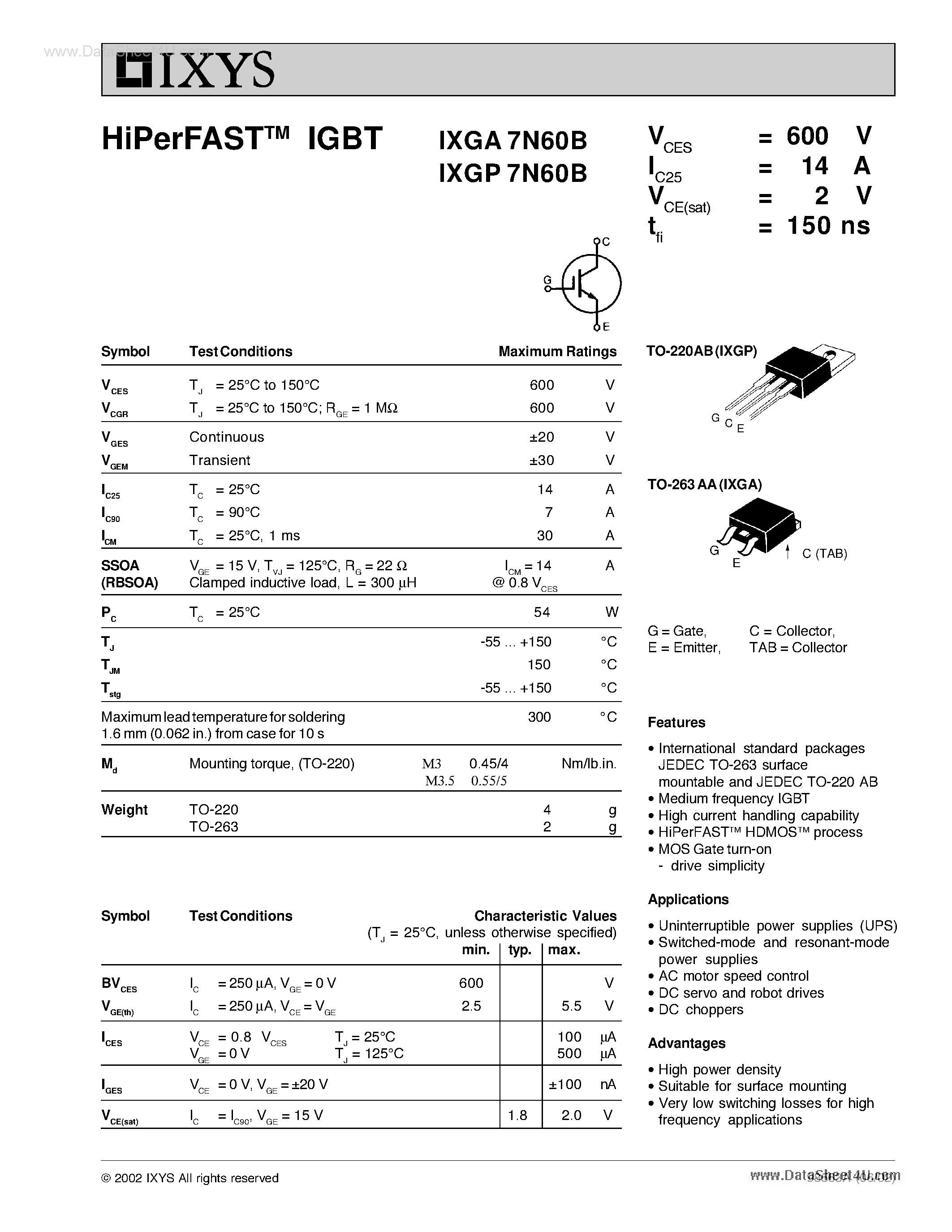 Даташит 7N60B - Hiperfast (tm) Igbt страница 1