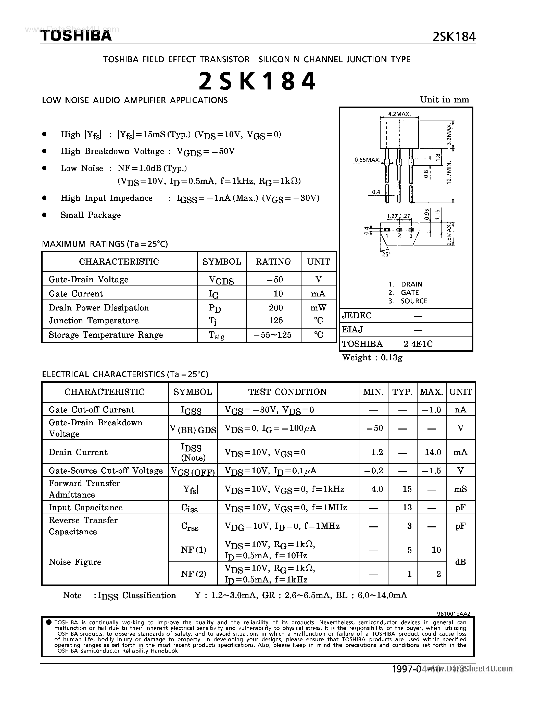 Datasheet K184 - Search -----> 2SK184 page 1