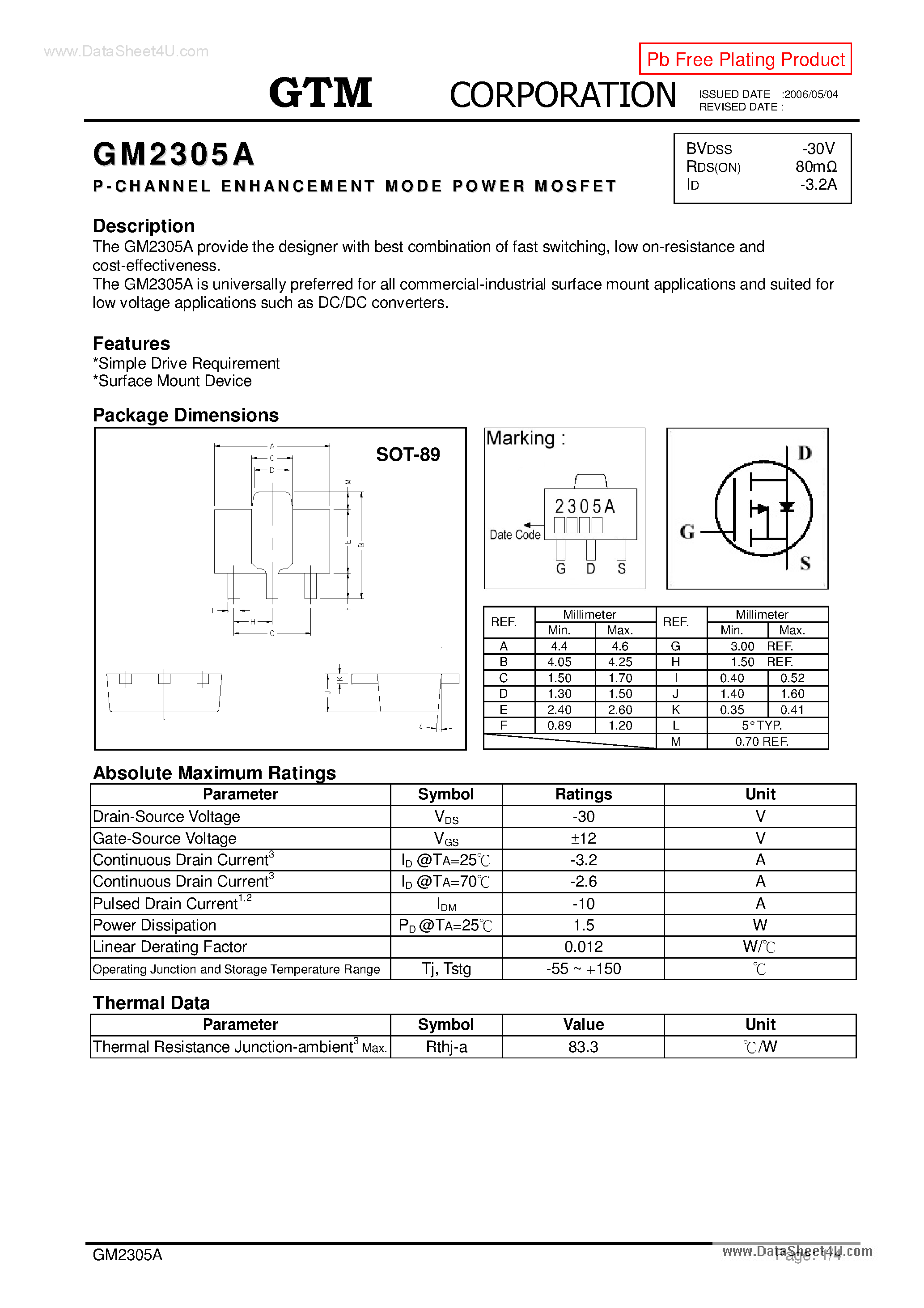 Datasheet GM2305A - P-CHANNEL ENHANCEMENT MODE POWER MOSFET page 1