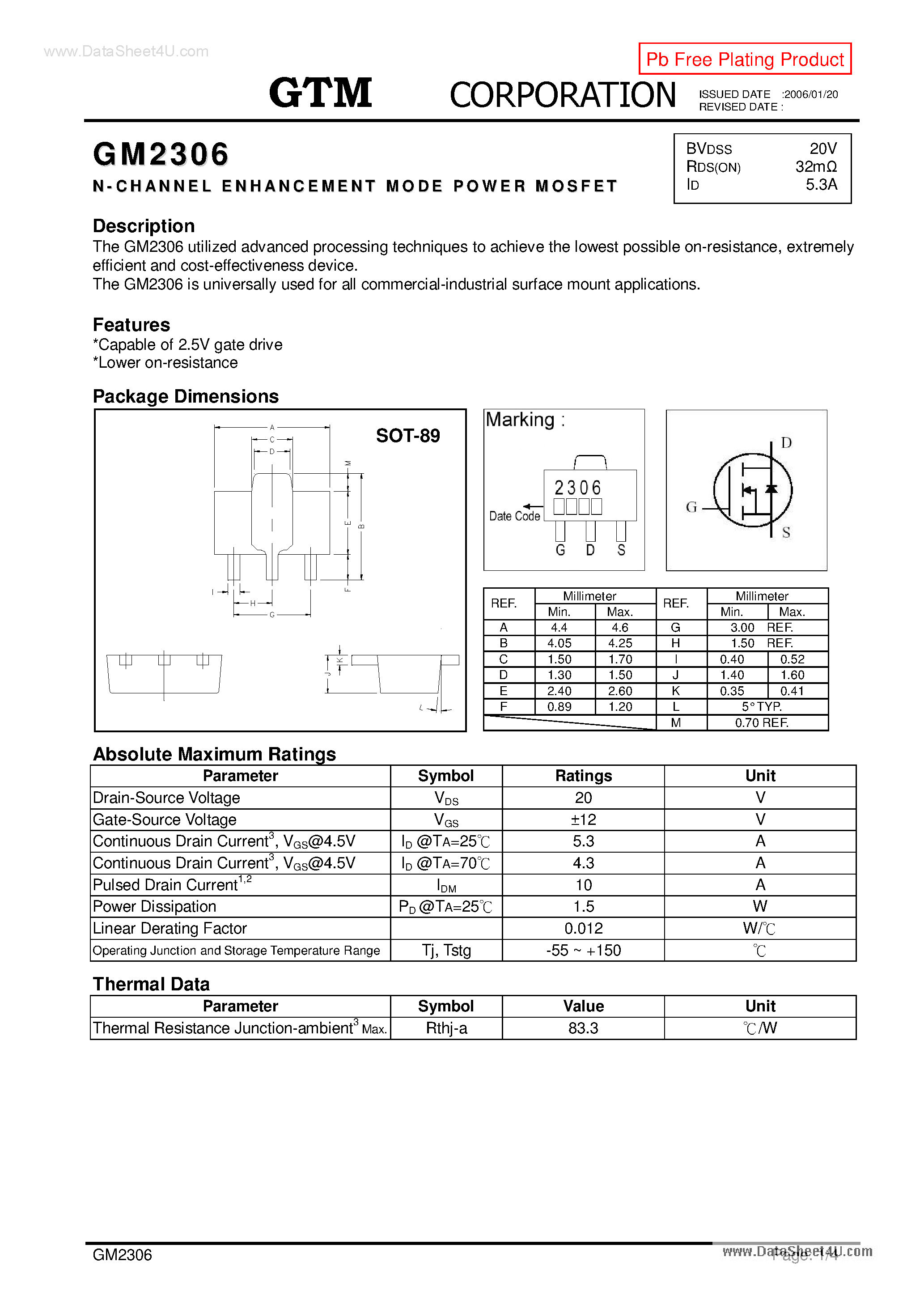 Datasheet GM2306 - N-CHANNEL ENHANCEMENT MODE POWER MOSFET page 1
