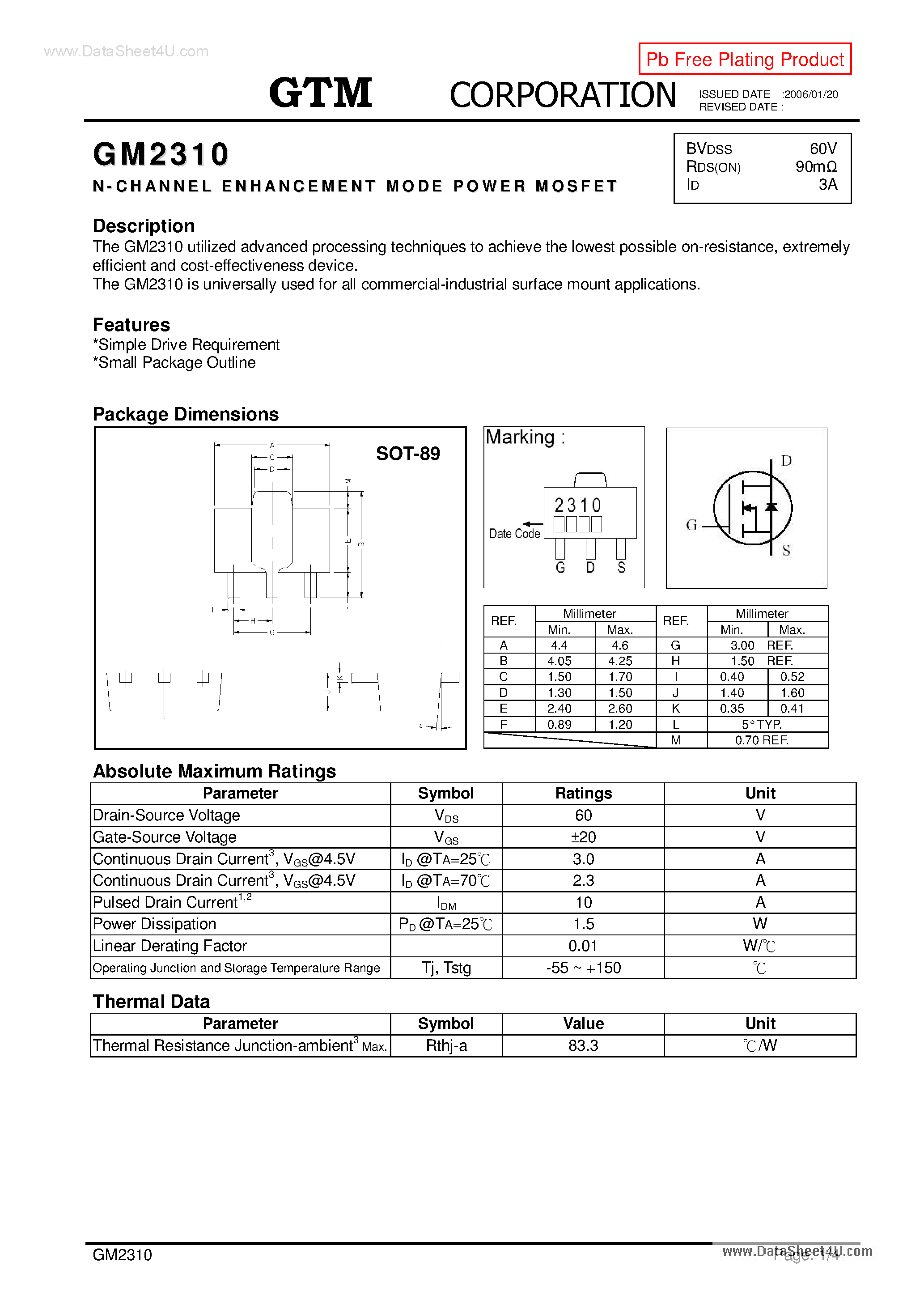 Datasheet GM2310 - P-CHANNEL ENHANCEMENT MODE POWER MOSFET page 1