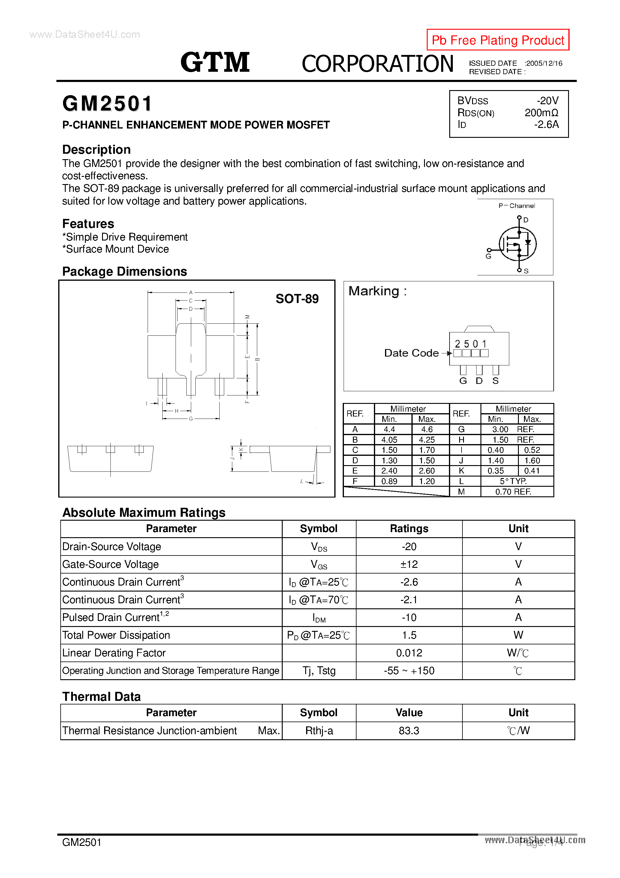 Datasheet GM2501 page 1 Datasheet GM2501 - P-CHANNEL ENHANCEMENT MODE POWER MOSFET page 1