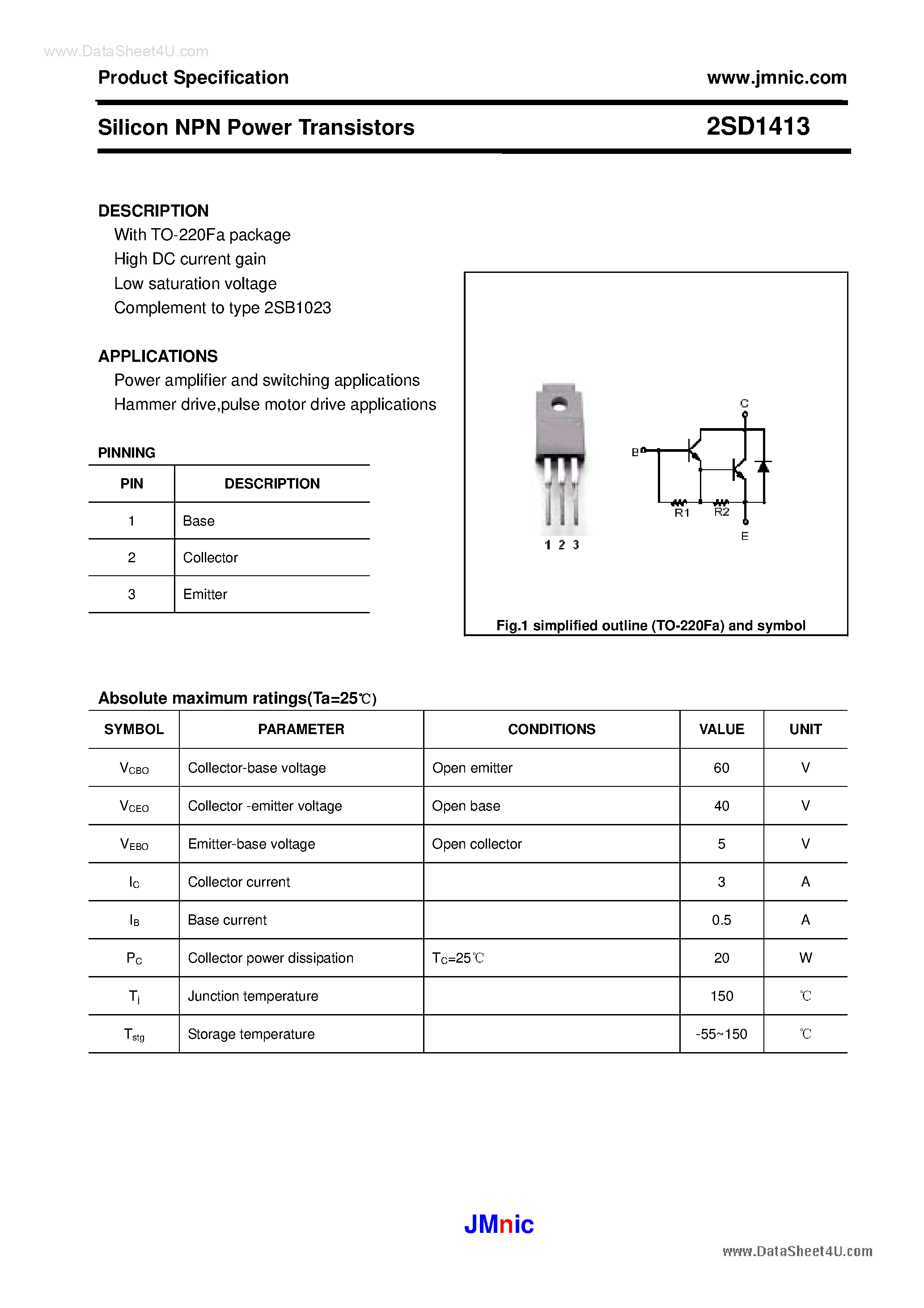 Datasheet 2SD1413 - Silicon NPN Power Transistors page 1