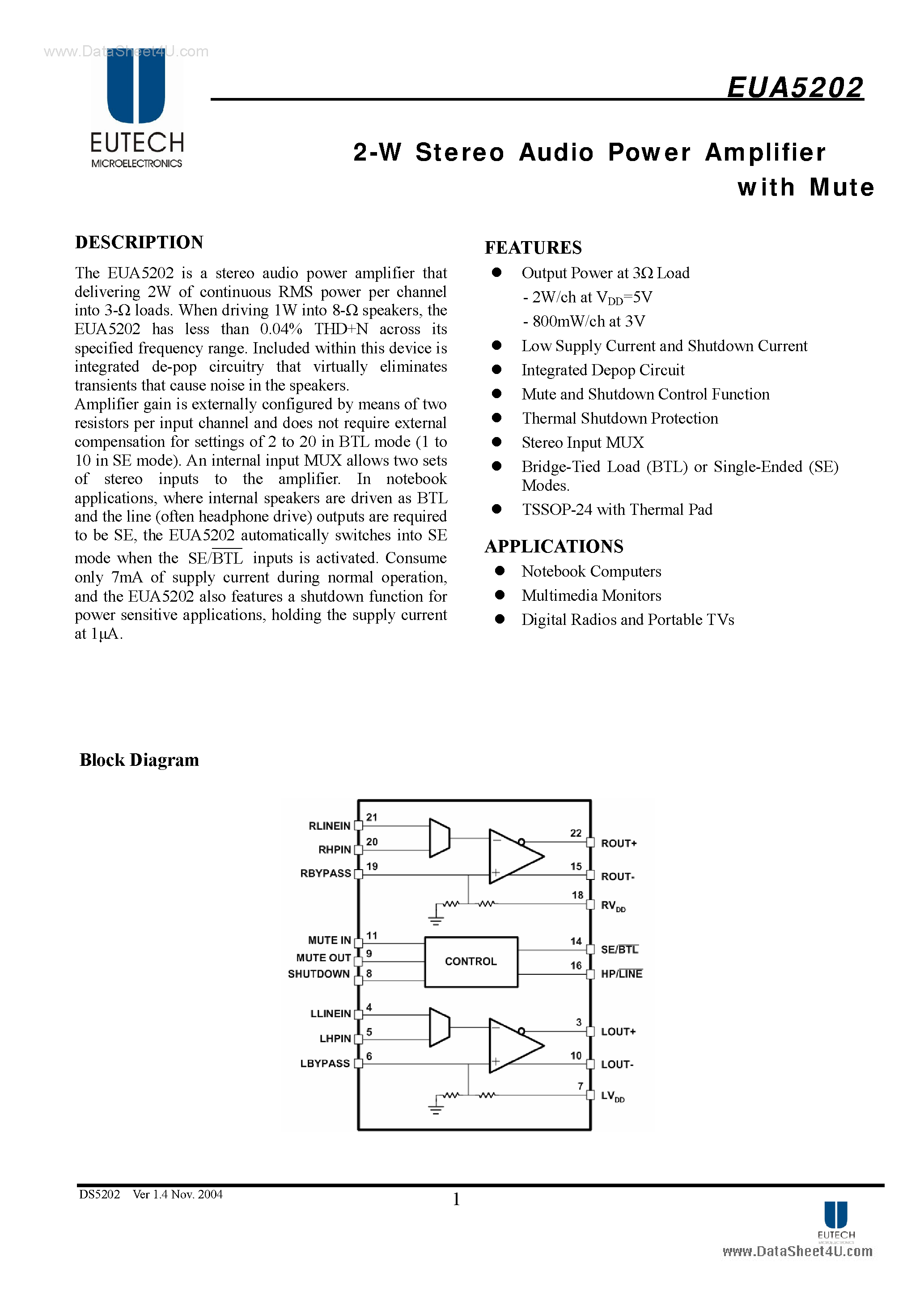 Даташит EUA5202 - Stereo Audio Power Amplifier страница 1
