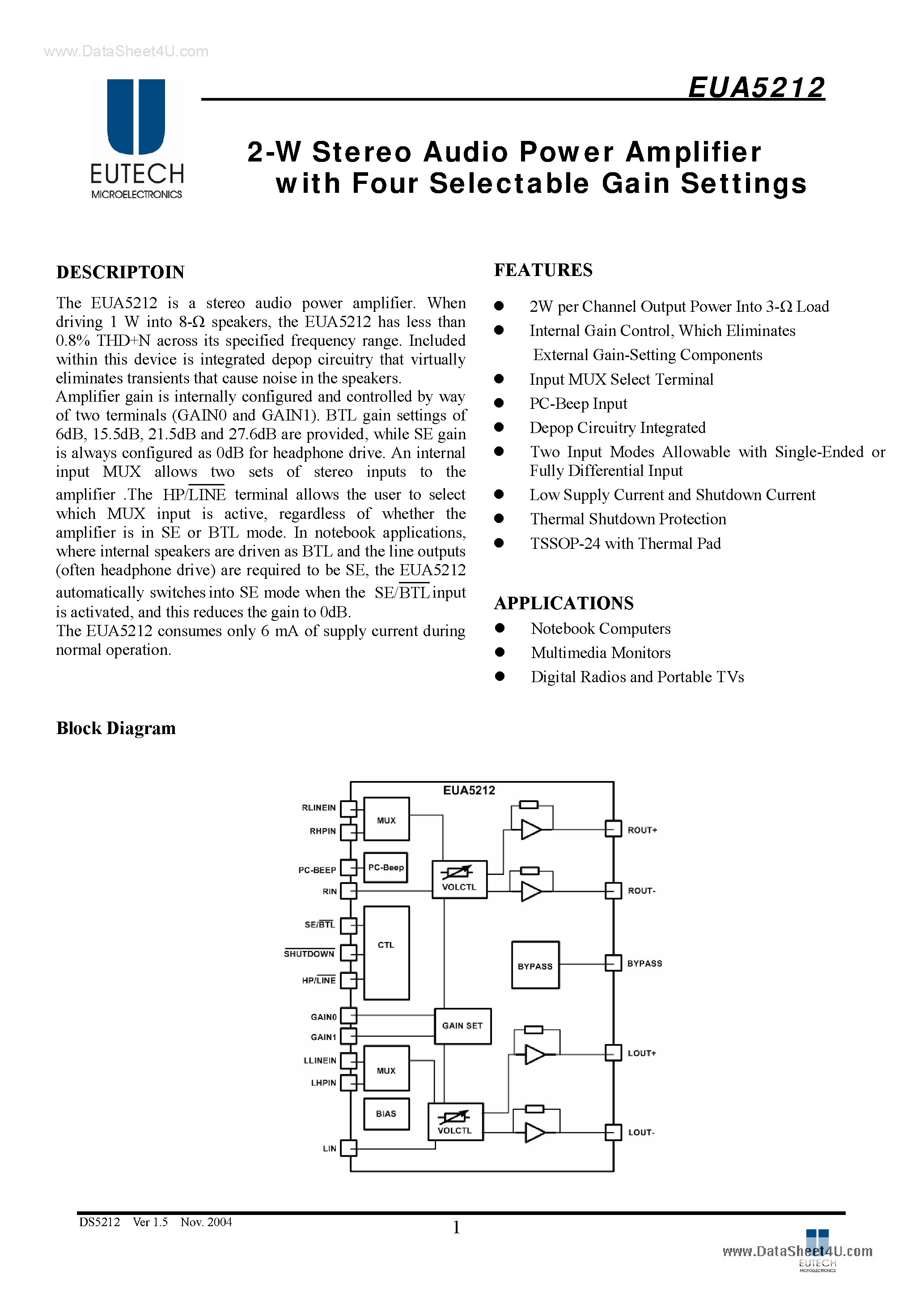 Даташит EUA5212 - Stereo Audio Power Amplifier страница 1