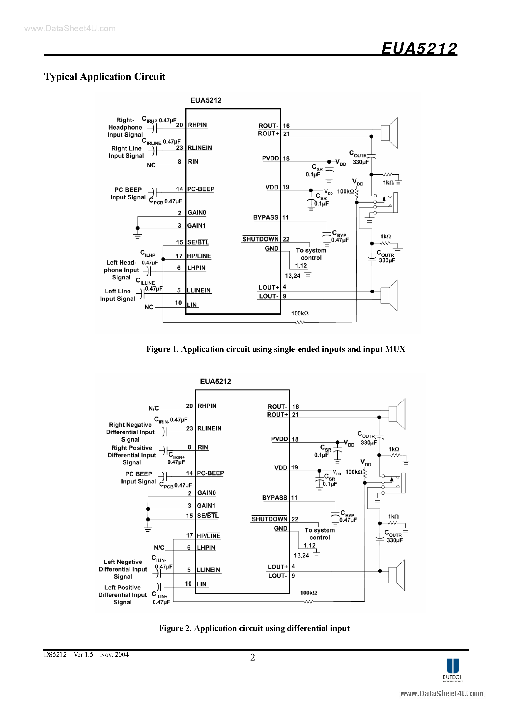 Даташит EUA5212 - Stereo Audio Power Amplifier страница 2