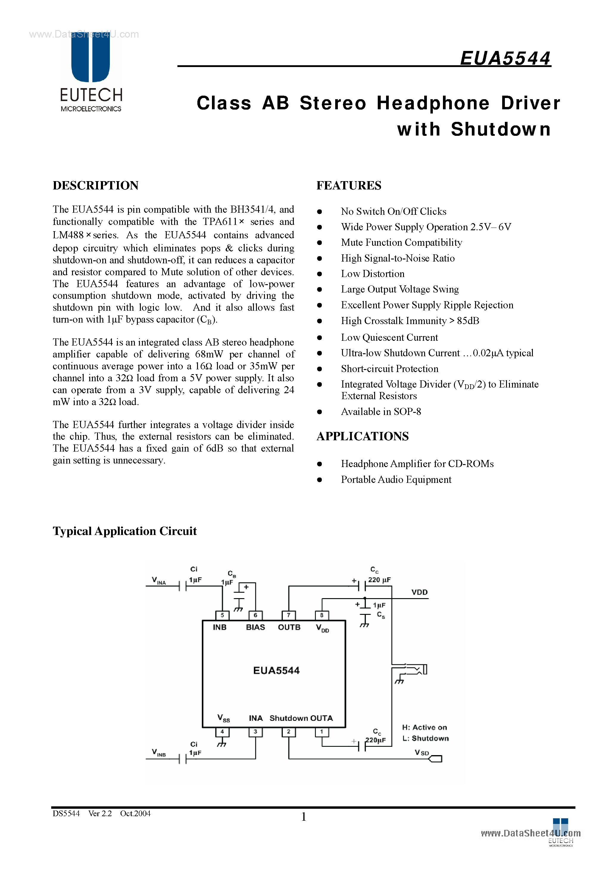 Даташит EUA5544 - Class AB Stereo Headphone Driver страница 1