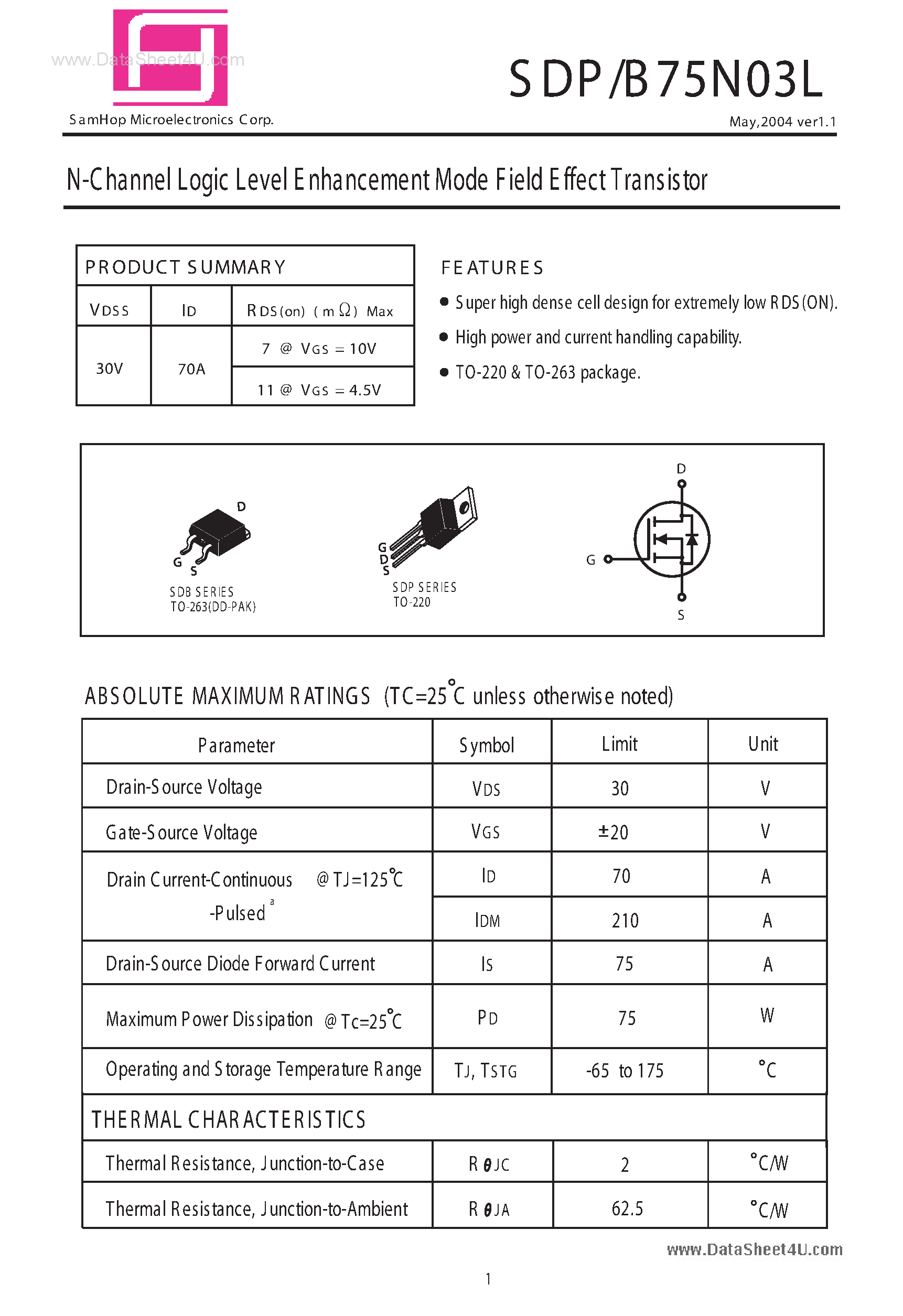Datasheet SDP75N03L - N-Channel Logic Level E nhancement Mode Field Effect Transistor page 1