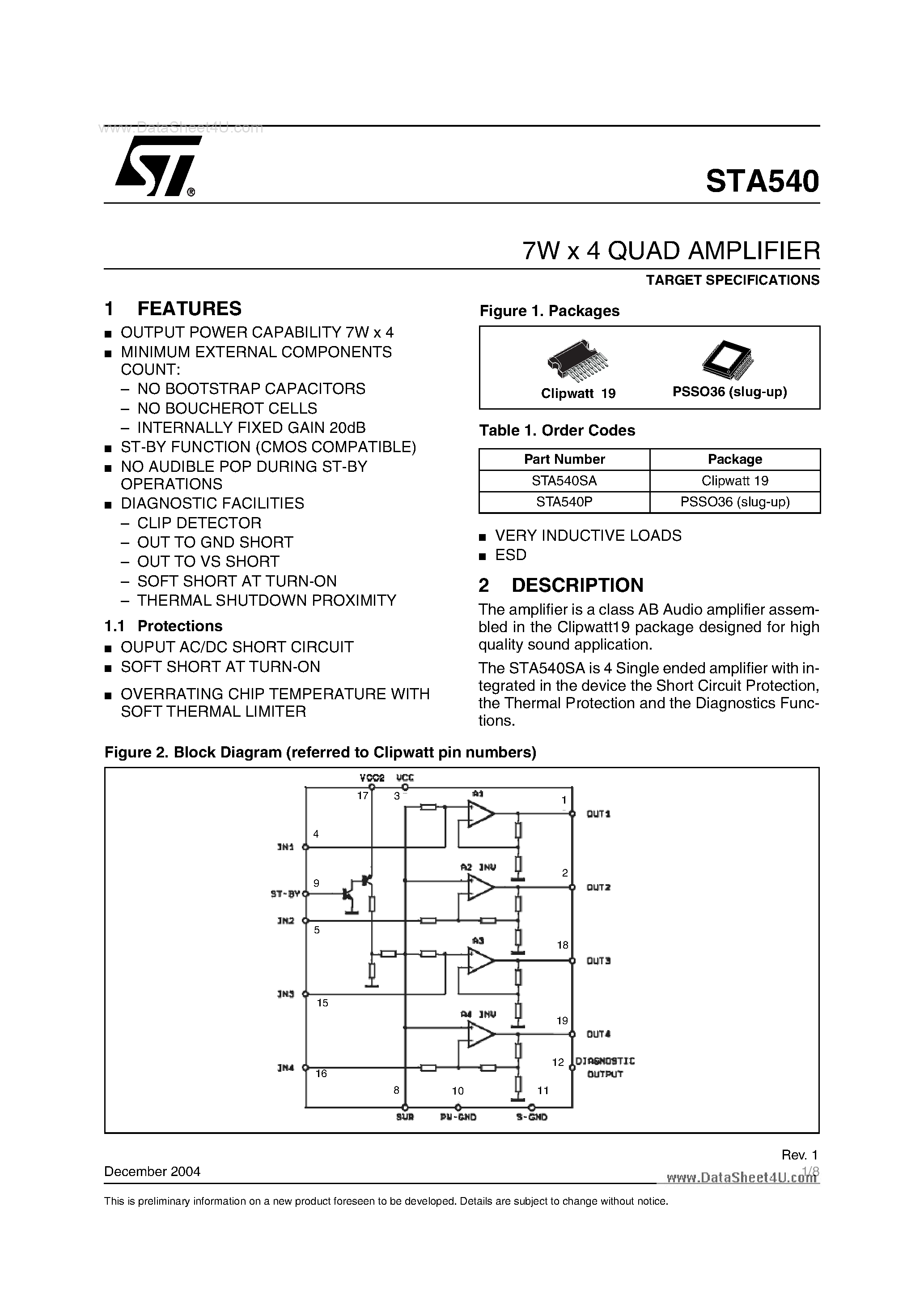 Даташит на микросхему STA540 страница 1 Даташит STA540 - 7W X 4 Quad Amplifier страница 1