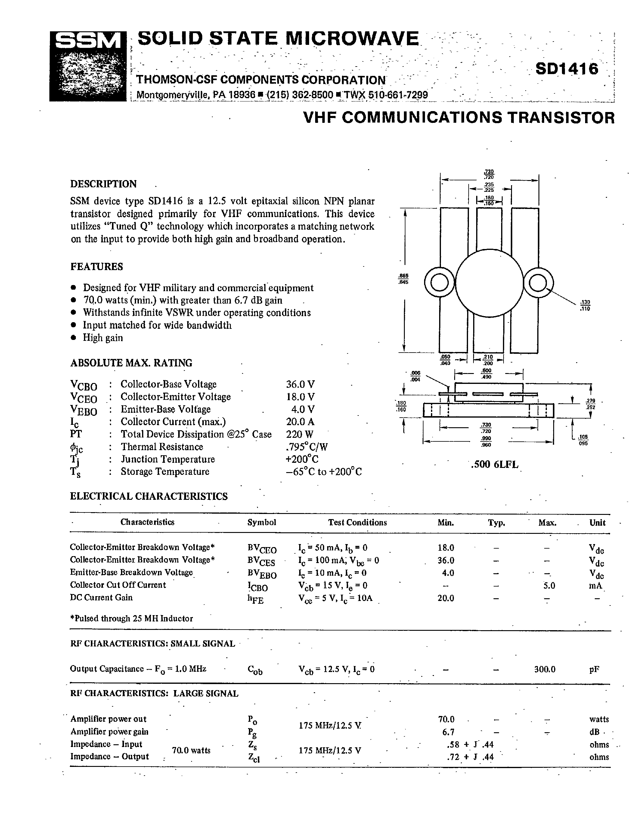 Datasheet SD1416 page 1 Datasheet SD1416 - VHF Communications Transistor page 1
