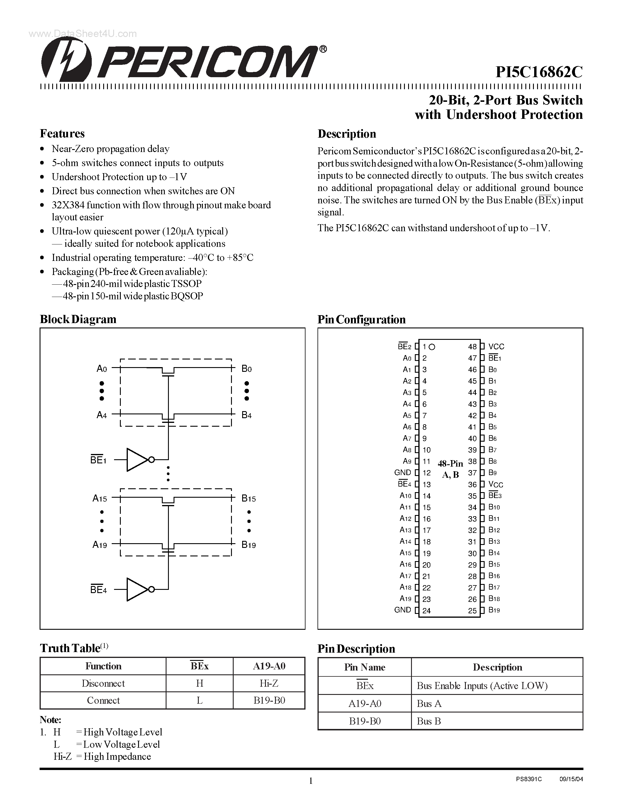 Datasheet PI5C16862C - 2-Port Bus Switch page 1