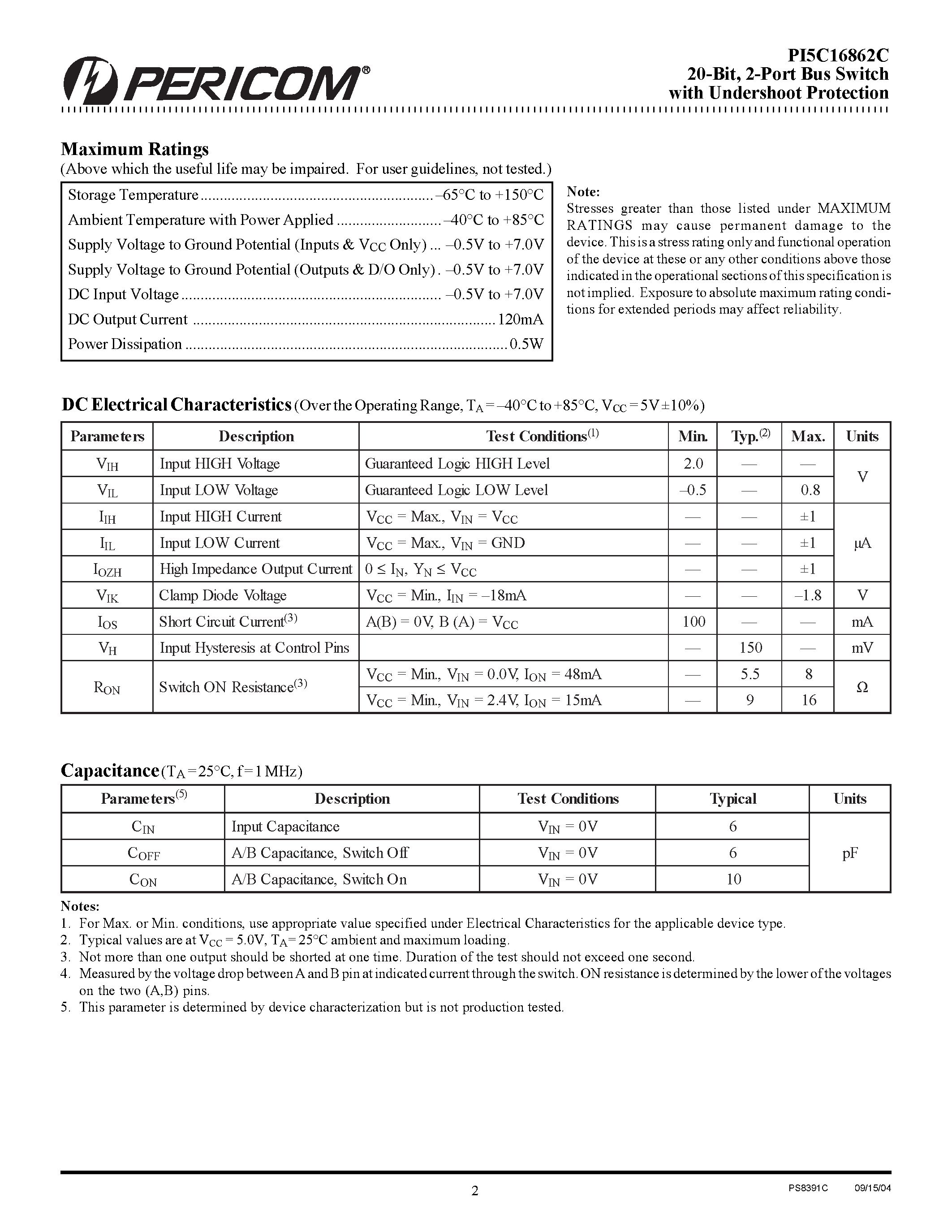 Datasheet PI5C16862C - 2-Port Bus Switch page 2