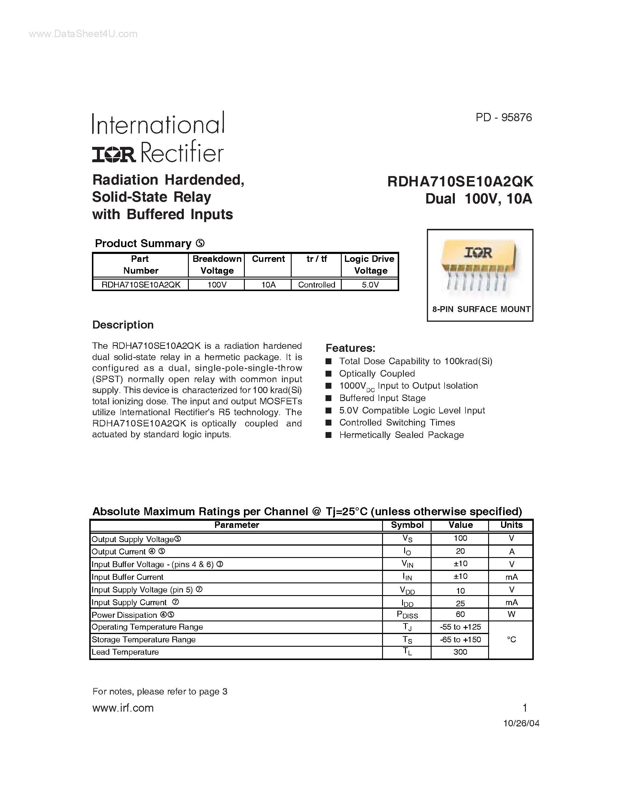 Datasheet RDHA710SE10A2QK page 1 Datasheet RDHA710SE10A2QK - Radiation Hardened Dual 100V 10A Solid-State Relay page 1