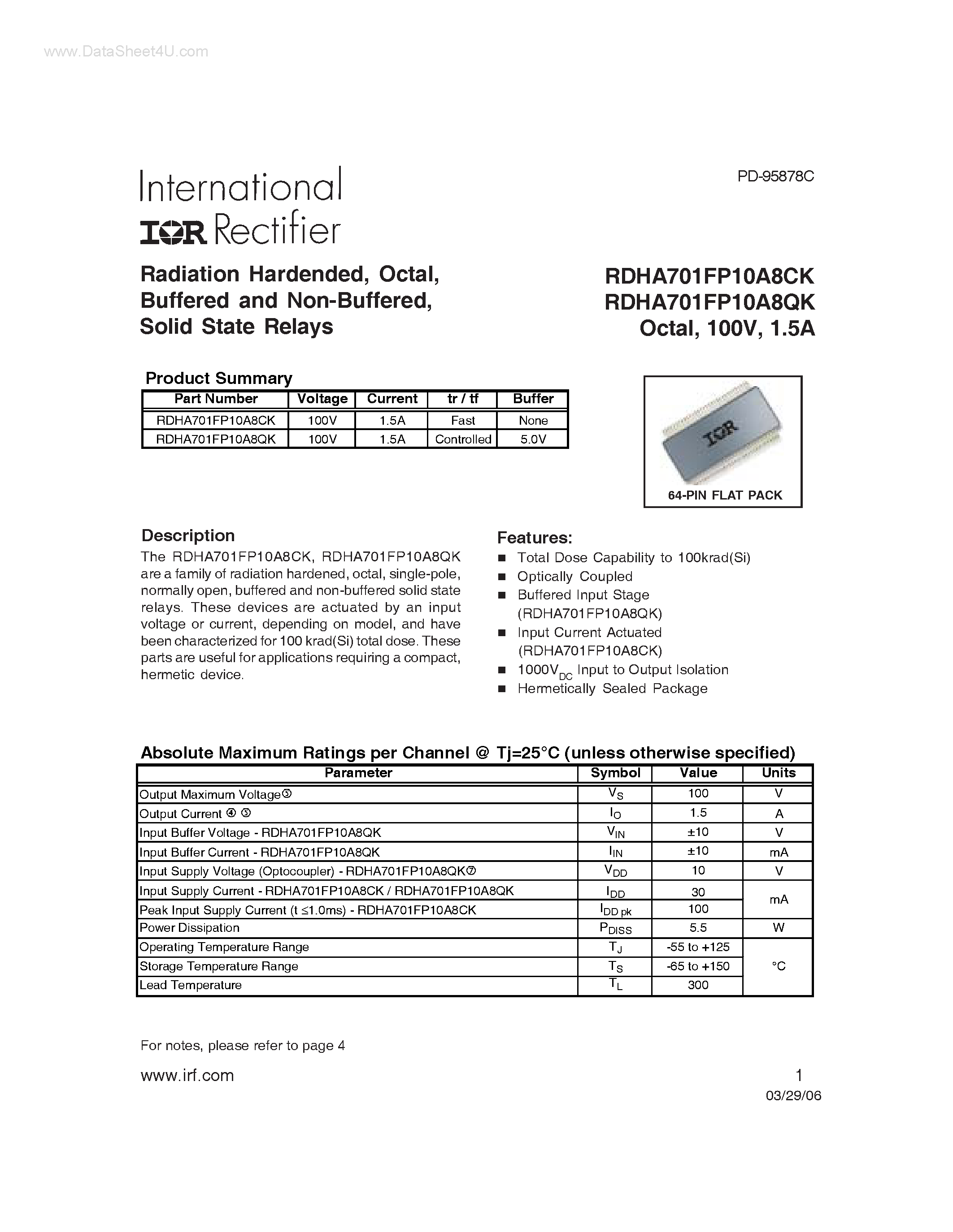 Datasheet RDHA701FP10A8CK - Radiation Hardened Dual 100V 10A Solid-State Relay page 1
