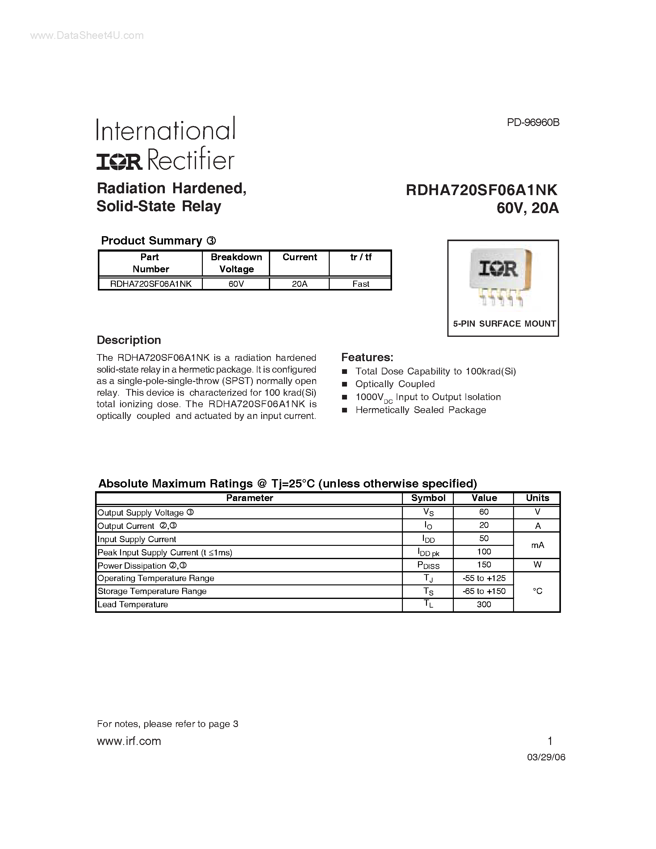 Datasheet RDHA720SF06A1NK - Radiation Hardened 60V 20A Solid-State Relay page 1